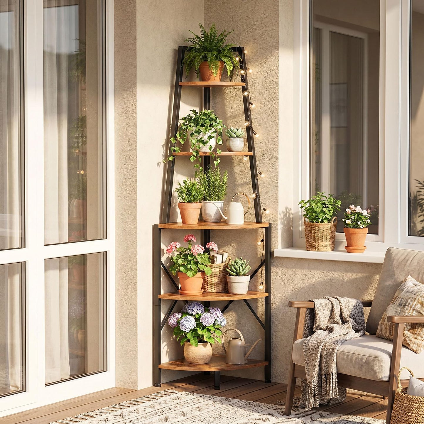 HOOBRO 5-Tier Corner Shelf with Lights, 67.9” Tall Corner Shelf Stand, Industrial Corner Bookshelf, Corner Plant Stand Display Shelf, for Living Room, Kitchen, Home Office, Rustic Brown BF120DCJ01