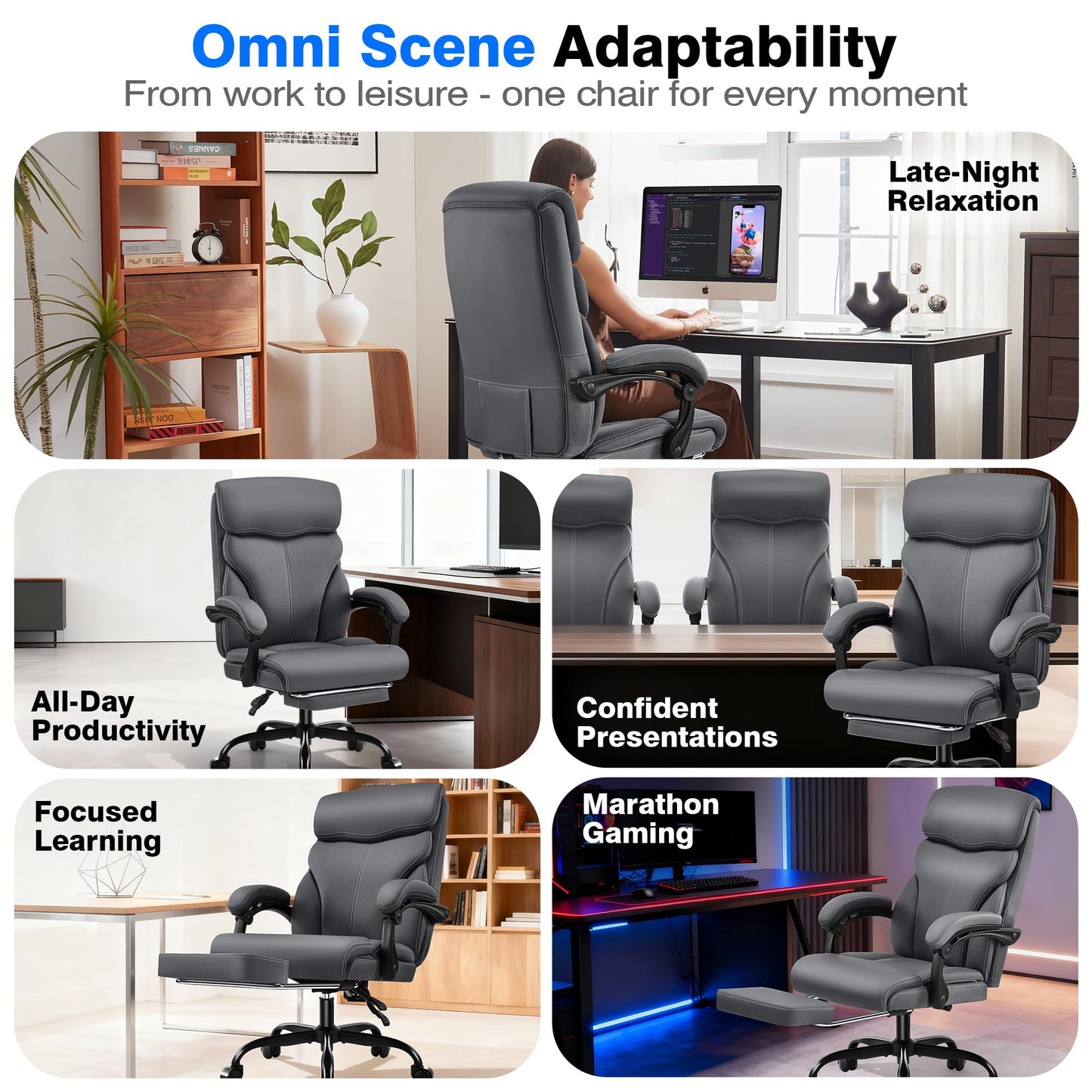 AreShark Office Chair - Ergonomic Comfortable High Back Computer Desk Chair with Foot Rest - Executive Breathable Swivel Rolling Reclining Leather Chair with Lumbar Support for Home Gaming Relaxing