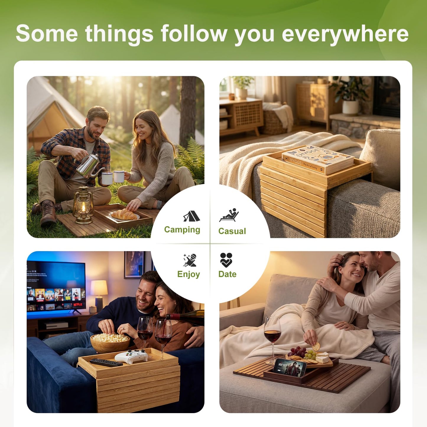 B-Zefyrn Sofa Arm Tray, Foldable Bamboo Couch Armrest Table with Large 12.5" x 5.8" Storage Compartment, Portable Chair Couch Caddy Arm Tray for Cup TV Snacks Phone