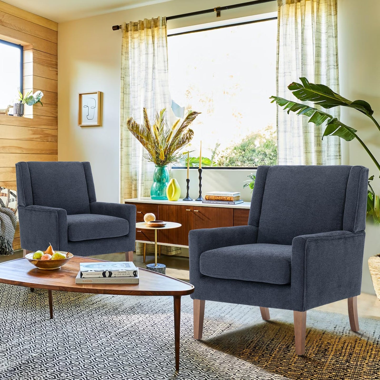 COLAMY Modern Wingback Living Room Chair Set of 2, Upholstered Fabric Accent Armchair, Single Sofa Chair with Lounge Seat and Wood Legs for Bedroom/Office/Reading Spaces, Blue