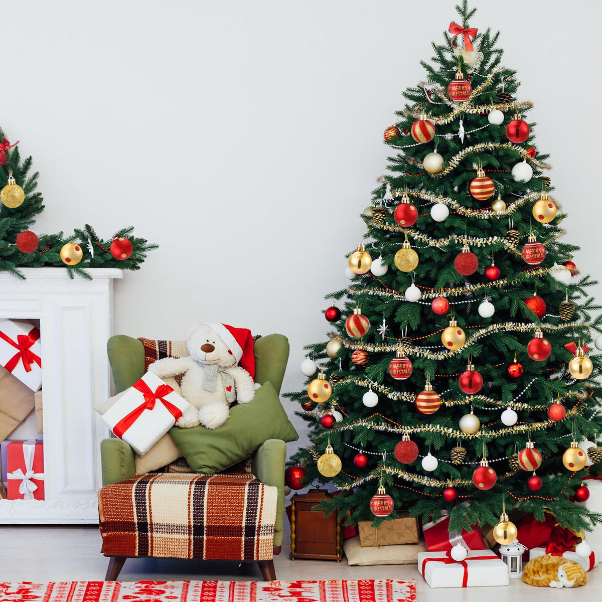 Celltestria 36pcs Mini Christmas Balls Ornament 1.57 Inch Red Gold Little Hanging Xmas Balls for Tree Decoration Swirl Candy Cane Polka Dots Tiny Christmas Baubles for Home Indoor Holiday Party Decor