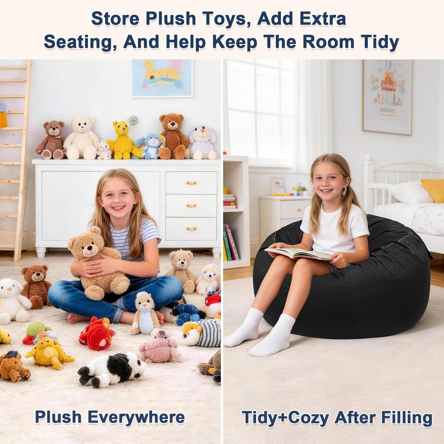 Lukeight Stuffed Animals Storage Bean Bag Chair Cover for Kids and Toddlers, Cozy Velvet Plush Toy Organizer Seat, Cover Only, No Filling Included, Long YKK Zipper, Side Pocket, Large 27 x 16 in