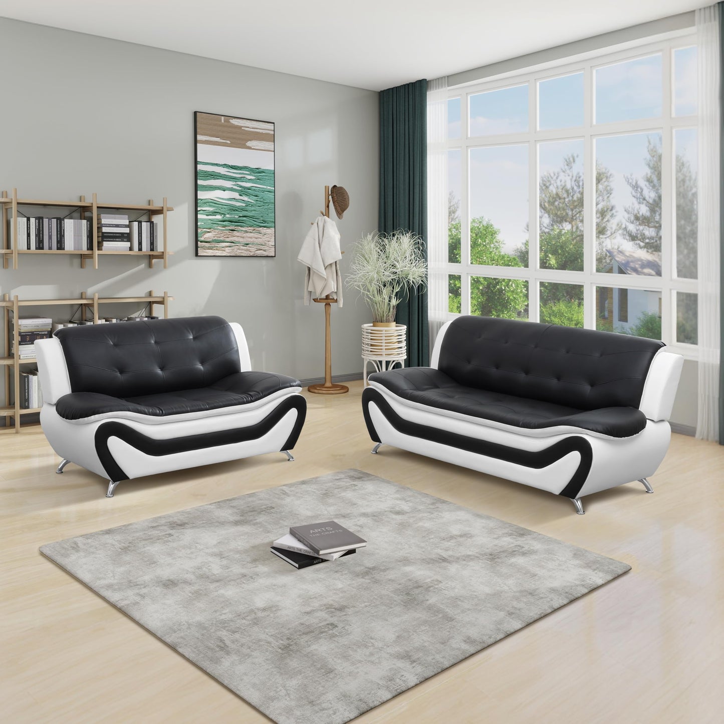 Modern 1 2 3-Piece Living Room Sofa Set, Black and White Faux Leather, Loveseat, Chair, for Apartments and Hotels