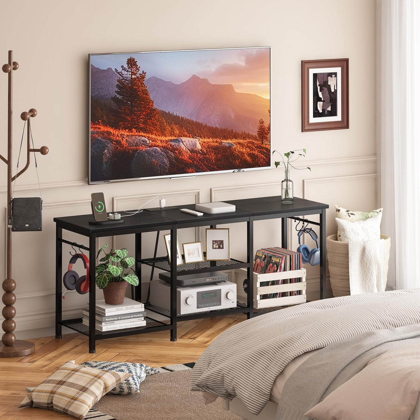 YGEOMER TV Stand for Tvs Up to 55 Inch, Entertainment Center with Power Outlet and Open Storage Shelves, TV Console Table for Living Room Bedroom, Black