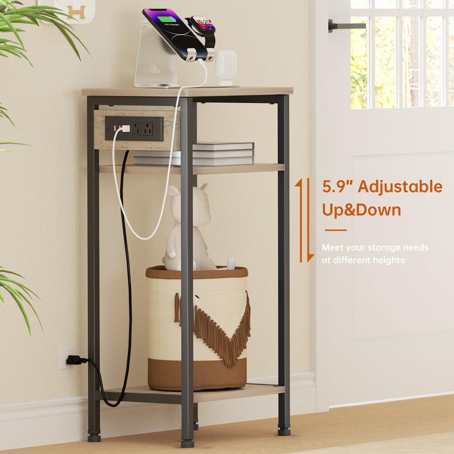 Asgolion Tall End Table with Charging Station, 3 Tier Narrow Beside Table with Adjustable Shelf, Tall Side Table Nightstand for Bedroom, Living Room Coffe Table, Office, Greige