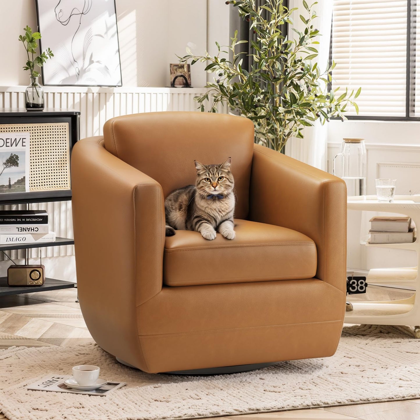 MALOL 360° Swivel Accent Chair- Comfy Living Room Armchair No-Sag Foam & Sturdy Metal Base with Pillow, Fully Assembled Swivel Accent Single Sofa for Bedroom Living Room, Office, Brown