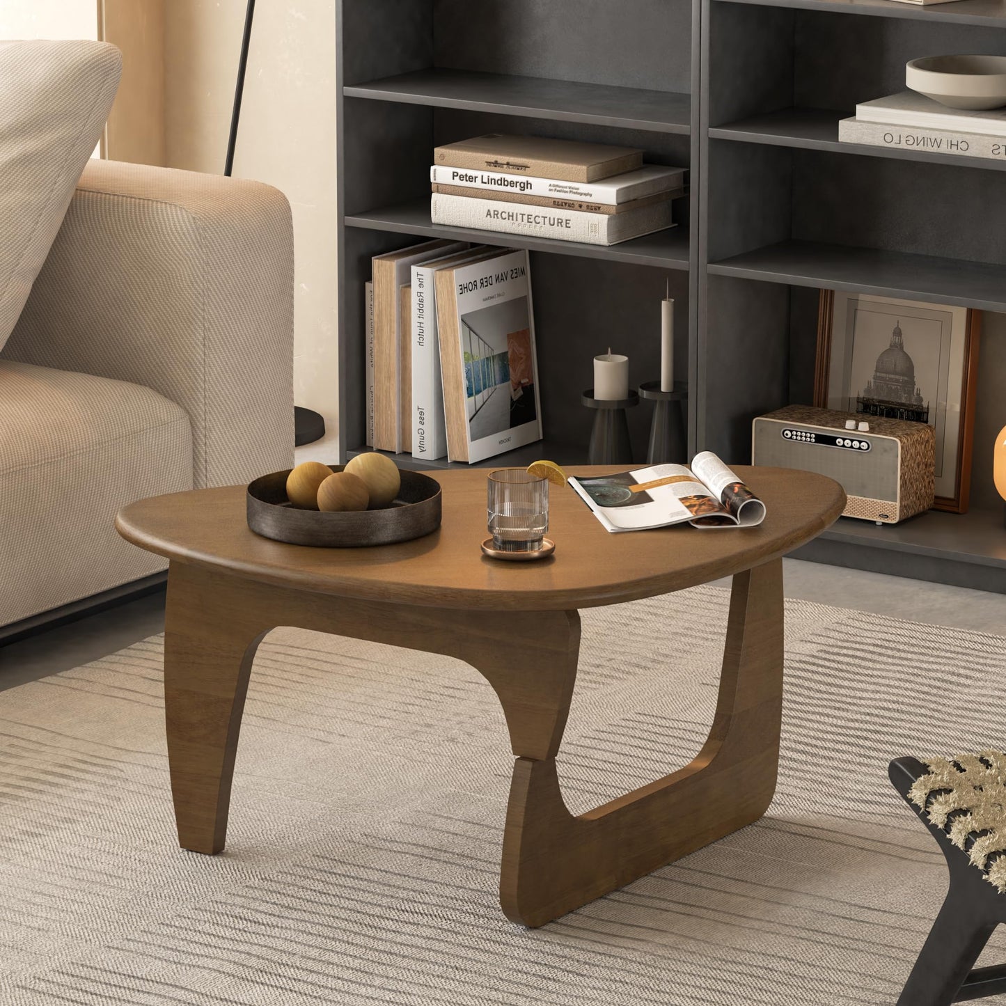 Mid Century Modern Coffee Table, Solid Wood Triangle Coffee Table for Living Room, Modern Tea Table for Home, Walnut, 35.4x23.6x16.5