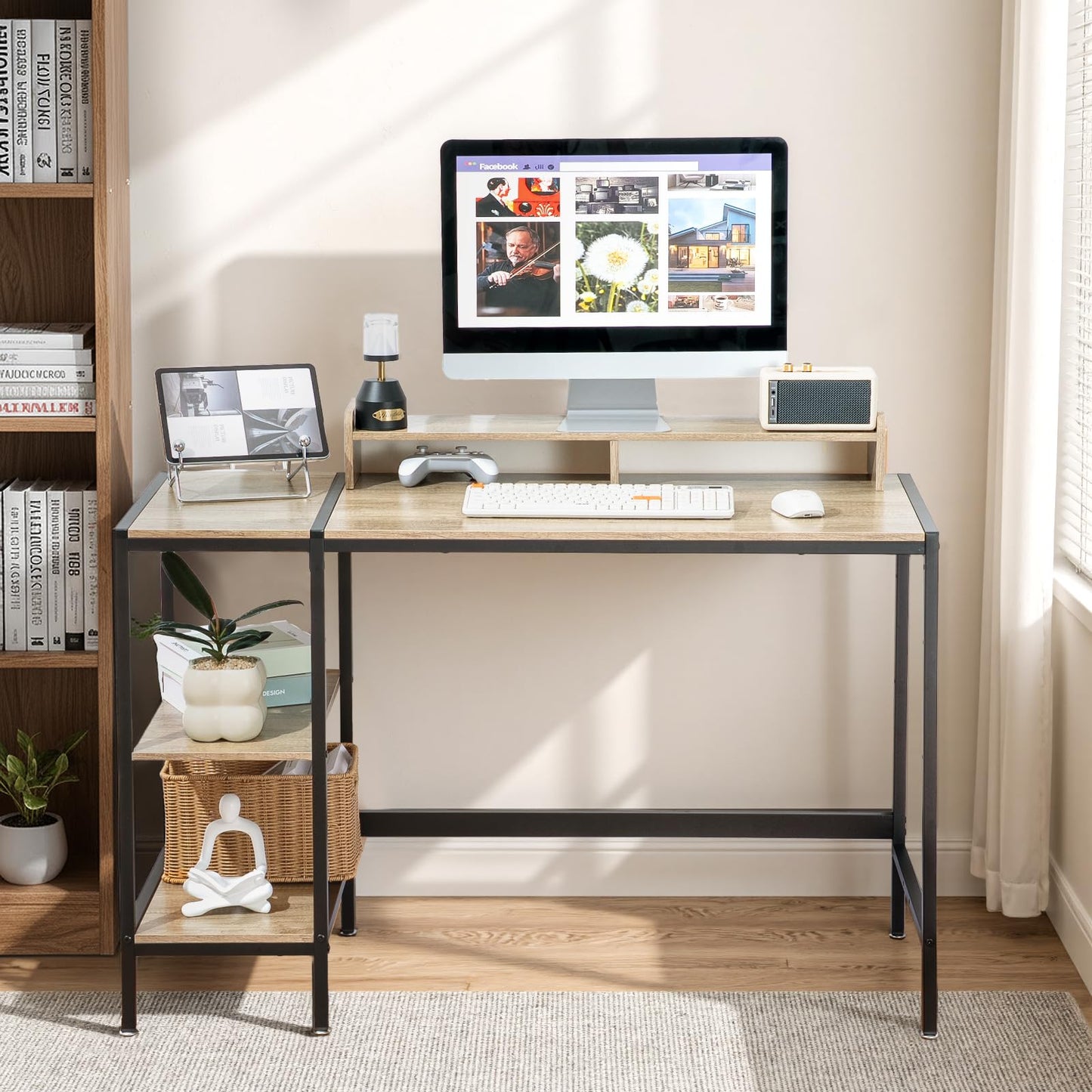 MINOSYS 47-inch Computer Desk with Storage Shelf - Gray Ideal Gaming Desk for Bedrooms, Small Spaces, and Home Offices Modern Writing Desk for PCs.