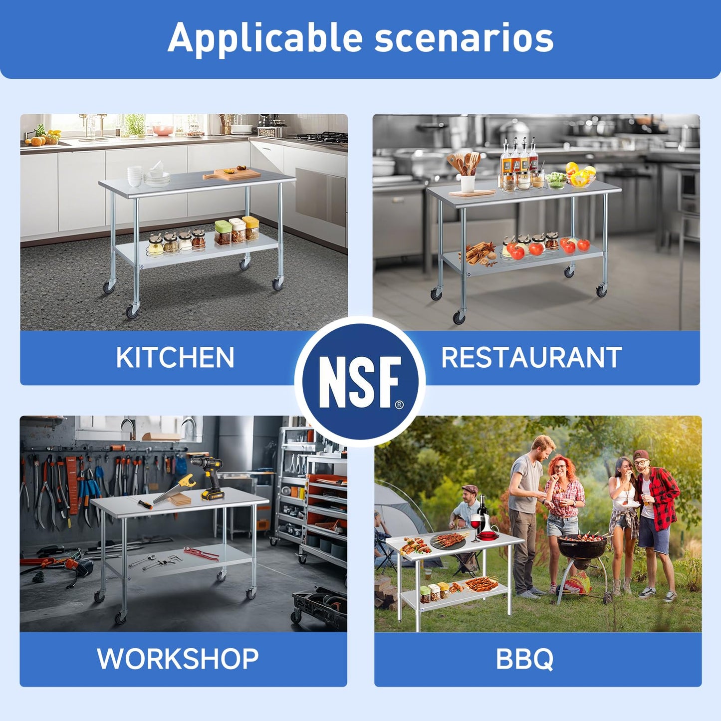ROCKPOINT Stainless Steel Table for Prep & Work with Backsplash 24x30 Inches, NSF Metal Commercial Kitchen Heavy Duty Table with Adjustable Under Shelf and Table Foot for Restaurant, Home and Hotel