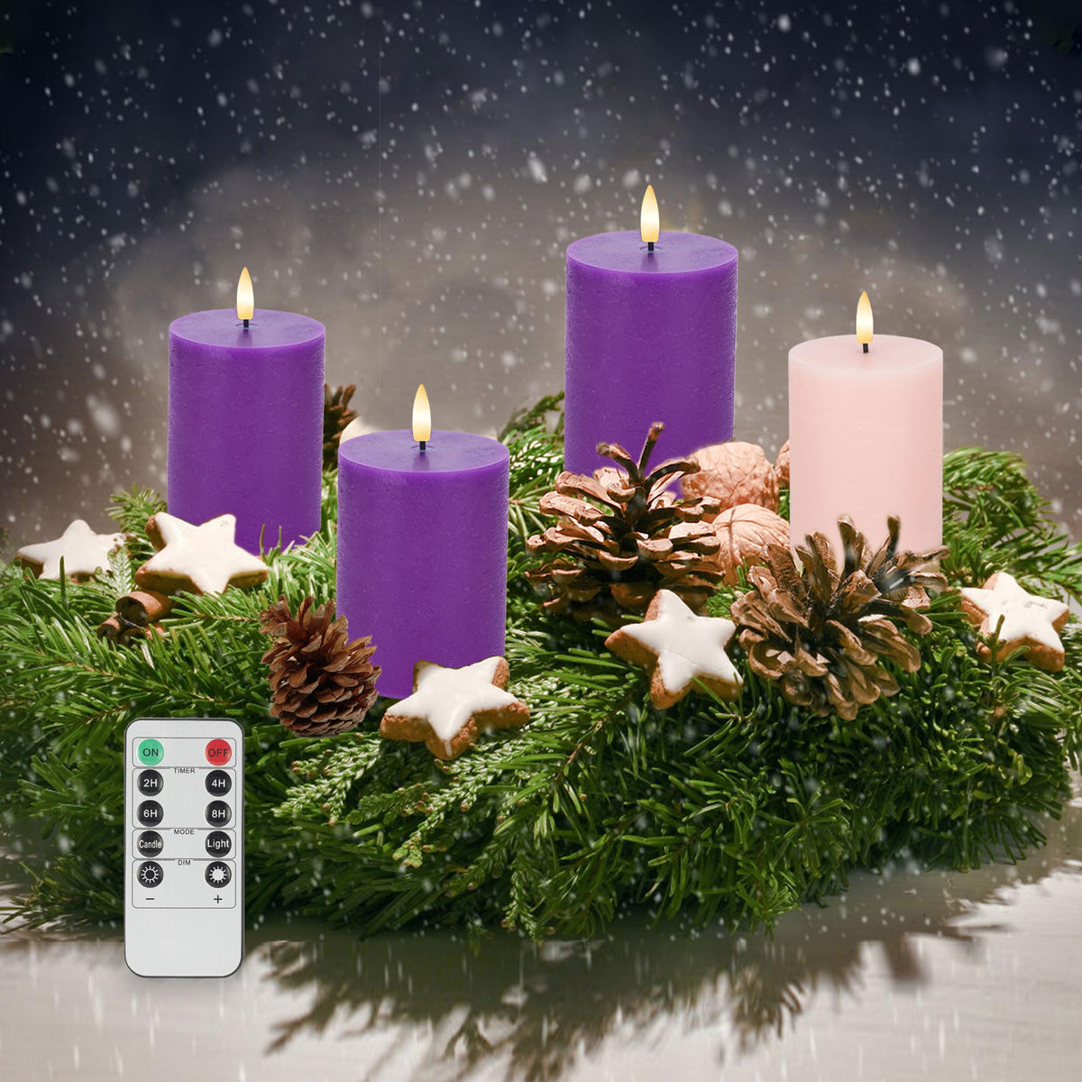 AFINETH Flamelss Advent Candles, Battery Operated Wax Pillar Candles with Remote, Flat Top Flickering Flameless Candles, LED Candles for for Christmas, Catholic, Advent, Wreath, Purple and Pink