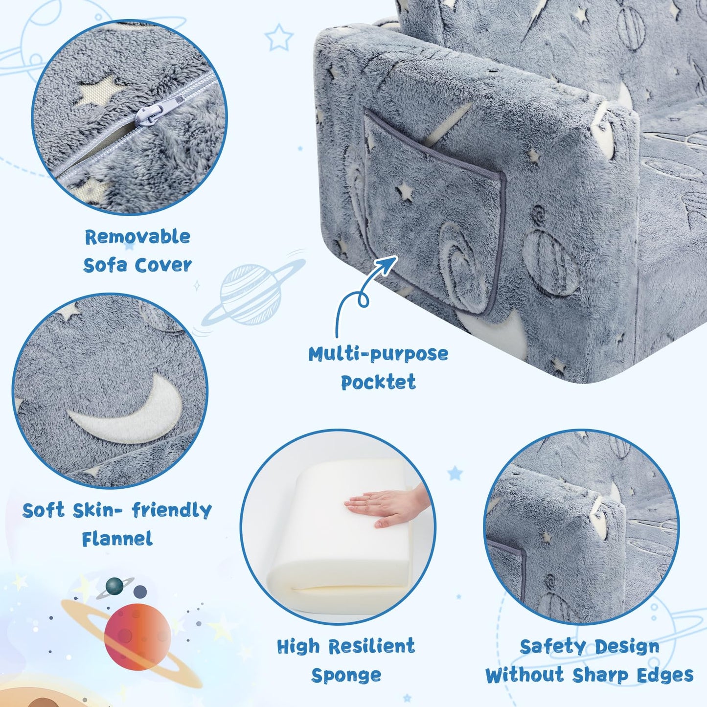 inhand Toddler Chair Comfy,2-in-1 Soft Toddler Couch Fold Out for Kids,Convertible Sofa to Lounger,Gift for Girls and Boys Birthday,Space,Medium