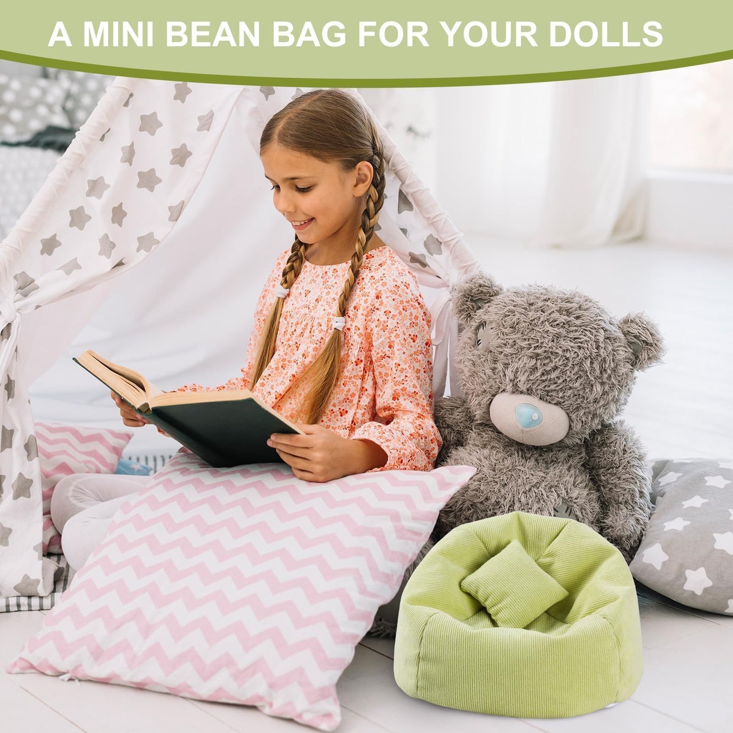 Doll Car Seat Compatible with Labubu, Handmade Bean Bag Chair for 5.9-6.7 inch Doll, Anti-Slip Bottom, Cute Doll Accessories for Display, Fans&Collectors Gifts, Durable Corduroy Fabric (Light Green)