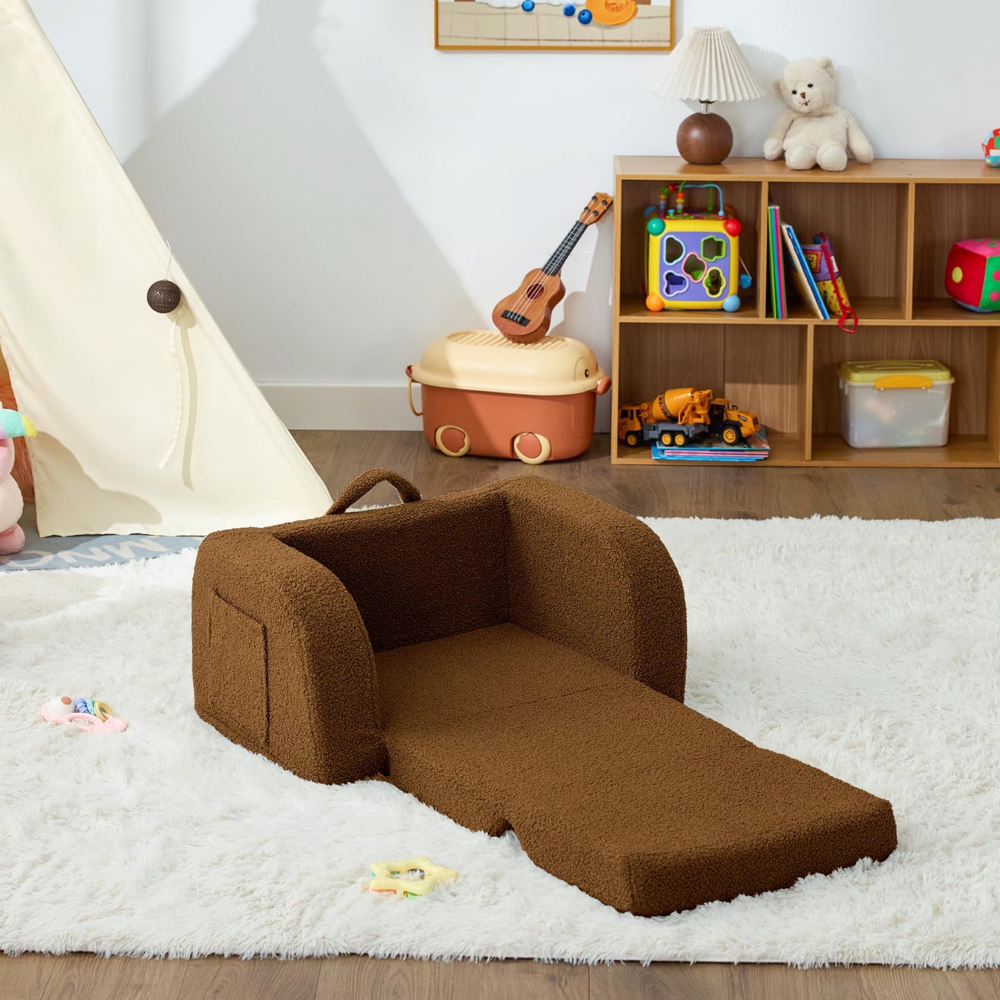 Toddler Couch, 2-in-1 Toddler Chairs Comfy 1-3 Years Old, Toddler Chair for Girls and Boys, Kids Couch Bed Fold Out, Convertible Baby Sofa to Lounge Chair for Playing, Reading, Napping, Brown