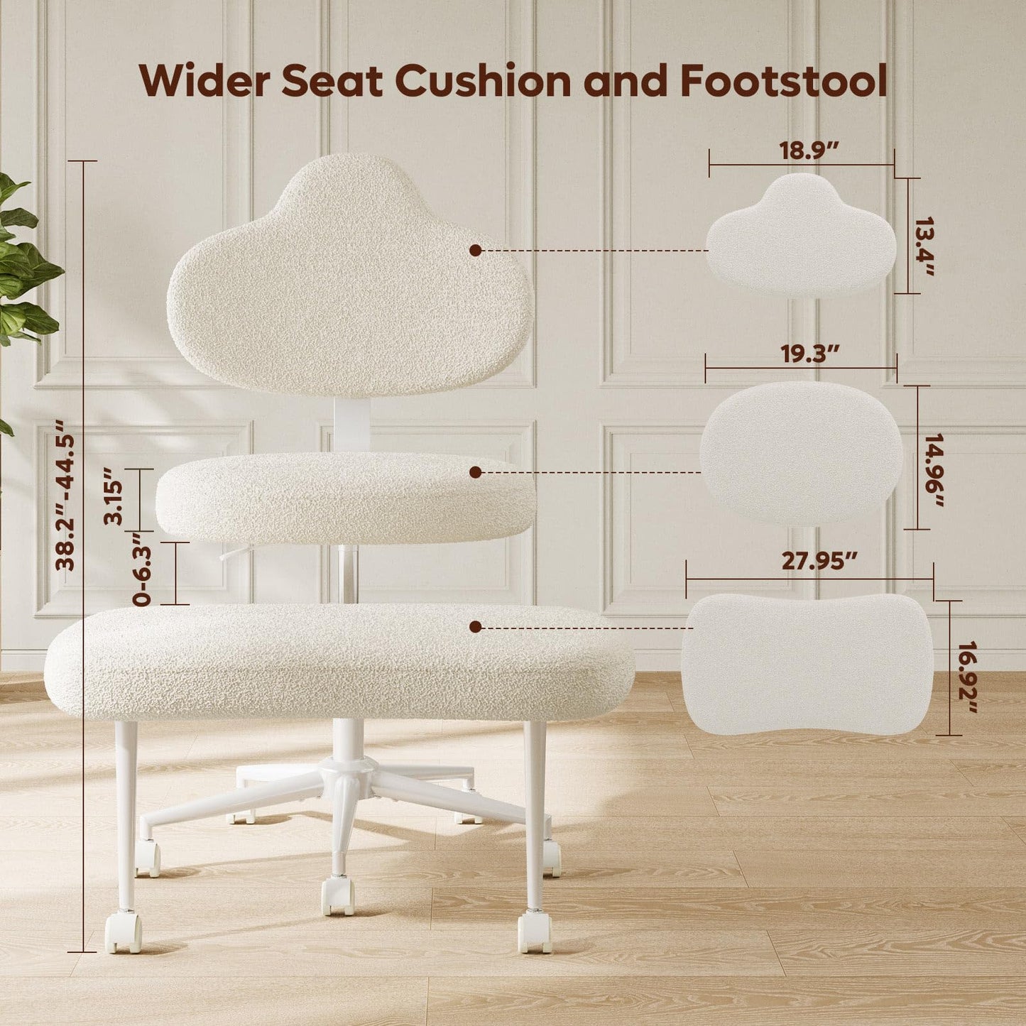 Cross Legged Office Chair with Wheels for ADHD, Ergonomic 360° Swivel Height-Adjustable Meditation Chair for Yoga, Kneeling Chair with 4 inch seat Cushion and Lumbar Support, Teddy Fabric, Off White