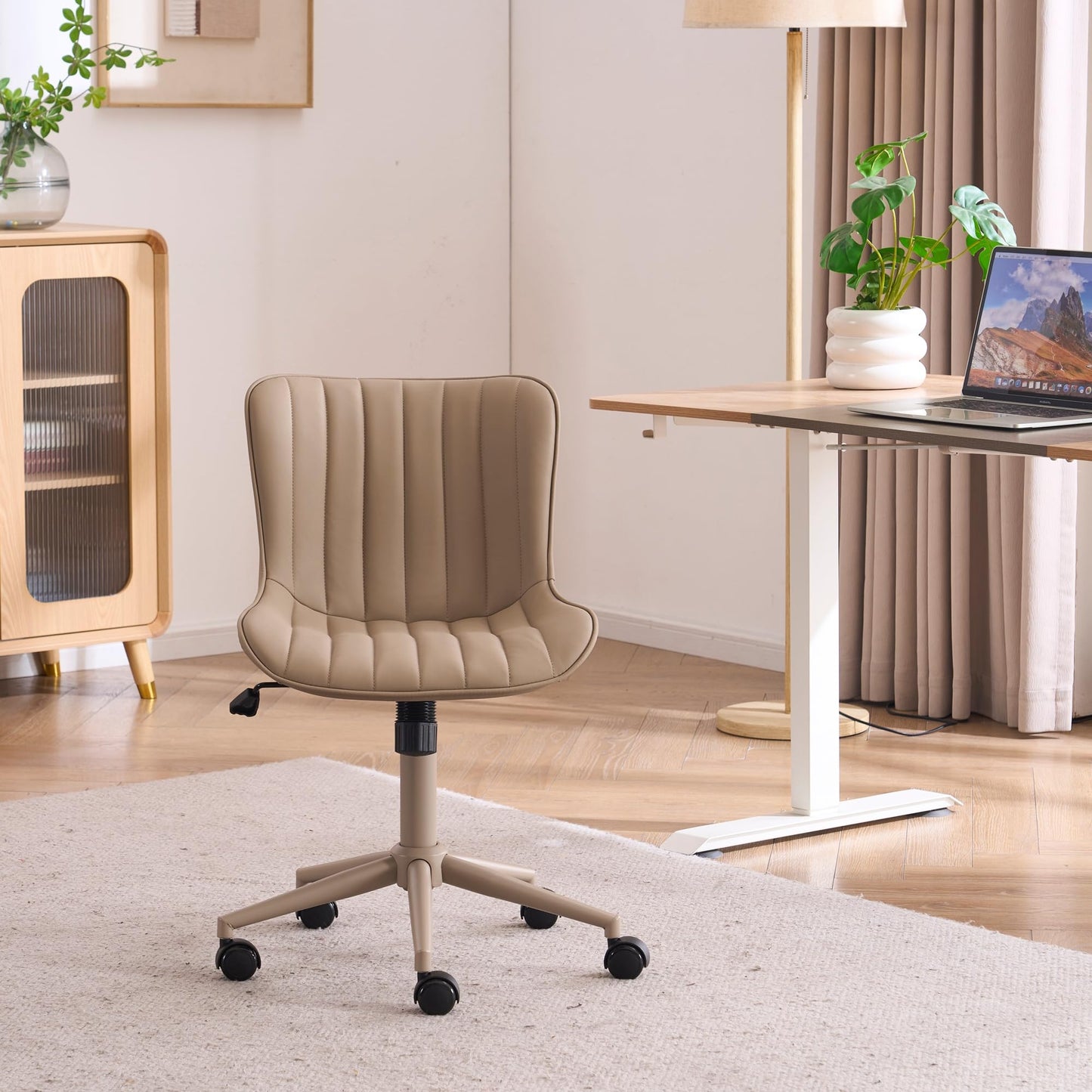 YOUNIKE Home Office Desk Chair with Wheels Armless Vanity Chair with Back Comfy Modern Leather Upholstered Rolling Task Chair Swivel Small Cute Sewing Chair No Arms Wide Adjustable Ergonomic All Khaki