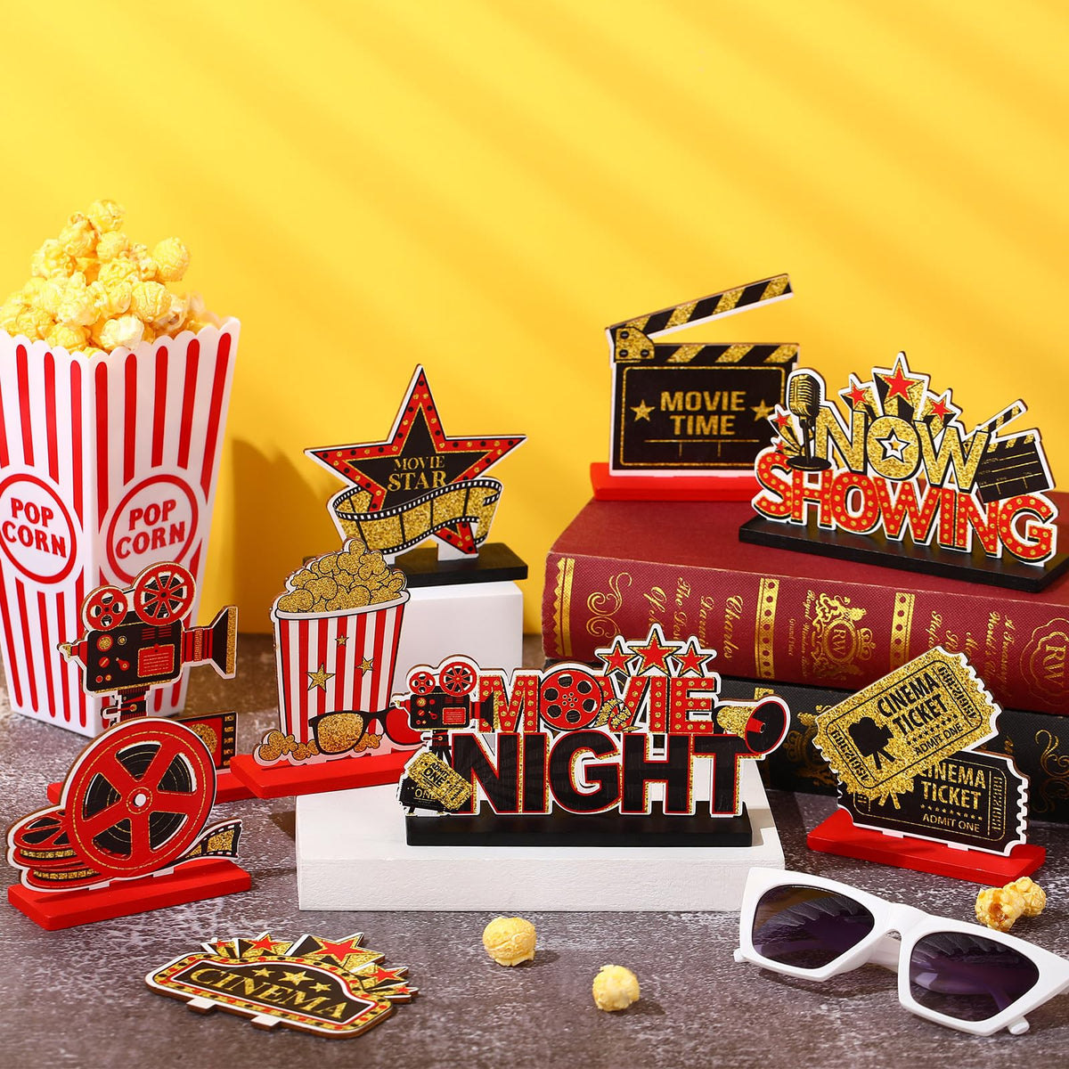 Blosssound 9 Pcs Movie Night Party Decorations Movie Theme Wooden Table Centerpieces Theater Now Showing Table Sign Cinema Popcorn Star Tabletop Decor for Home Film Birthday Party Supplies