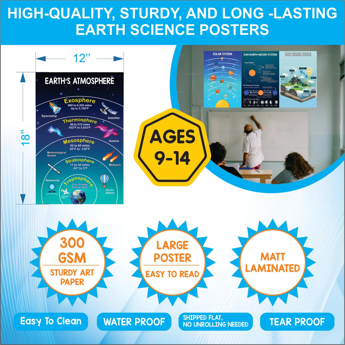 Gimly 10 Educational Earth Science Posters for Classroom Middle School, 11x17 inches 350 GSM Matte Laminated Solar System Decorations for Classroom - School Hallways, Bulletin Boards, Home Study Wall (unframed)