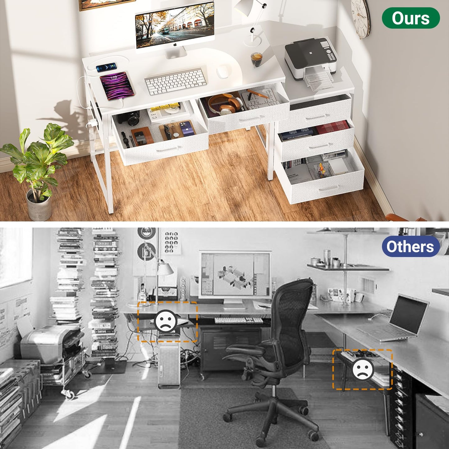 Unikito Reversible Computer Desk with 5 Drawers, Sturdy Office Desk with Power Outlets and USB Ports, Study Writing Table with File Cabinet & Printer Stand, Vanity Desk with Storage, White