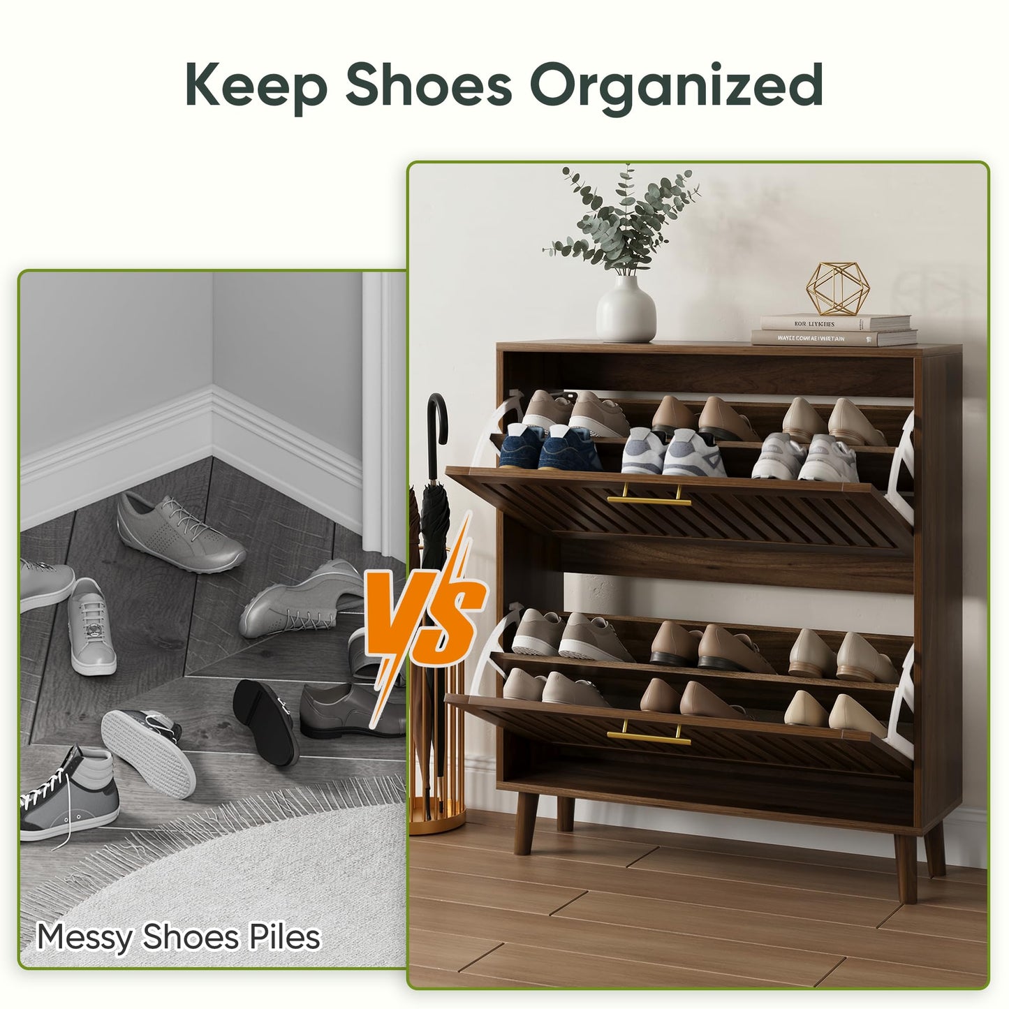 Smart FENDEE 31.5" W Shoe Cabinet Storage for Entryway with 2 Flip Drawers, Shoe Cabinet with Slatted Panel, Hidden Shoe Rack Freestanding Slim Shoes Organizer for Hallway, Entrance, Walnut