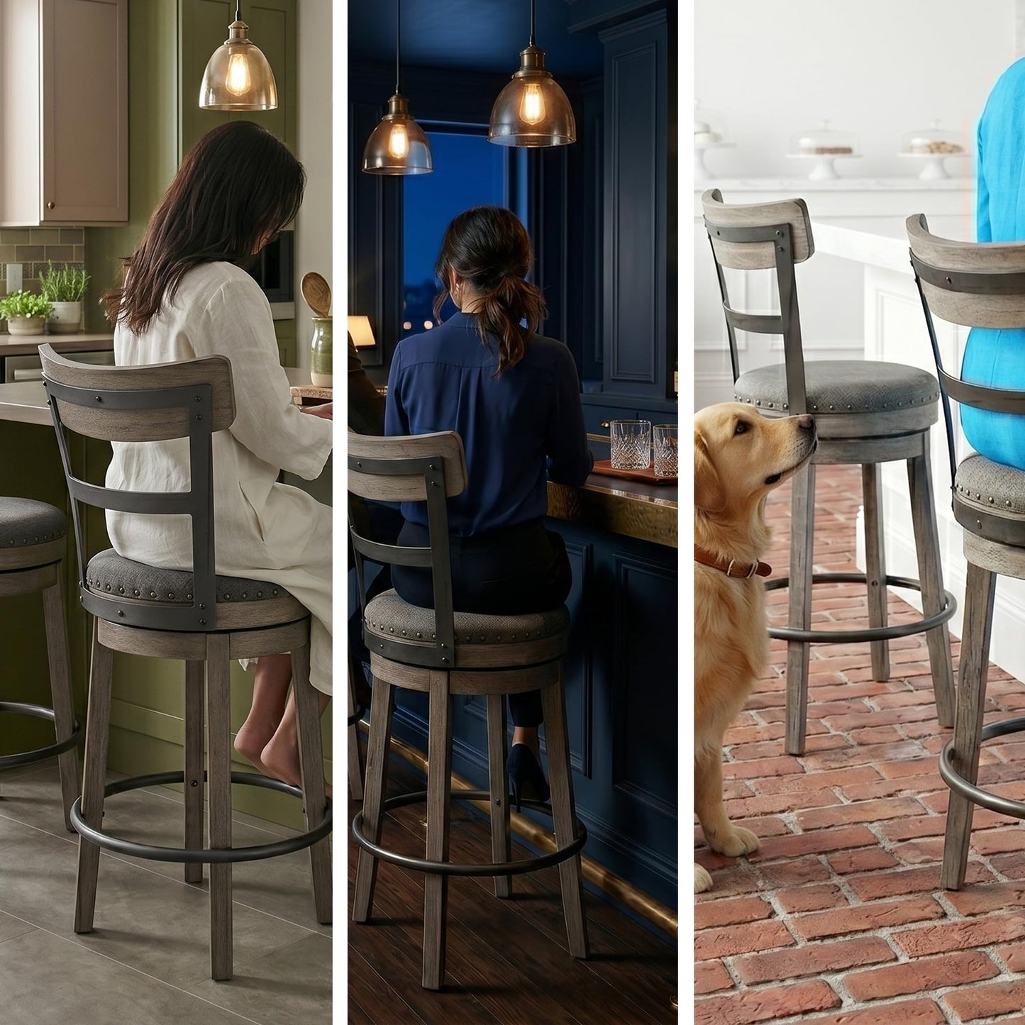 Signature Design by Ashley Caitbrook | Farmhouse Swivel 24" Counter Height Barstool – 360° Swivel, Upholstered with Nailhead Trim, Metal & Wood Frame, Gray