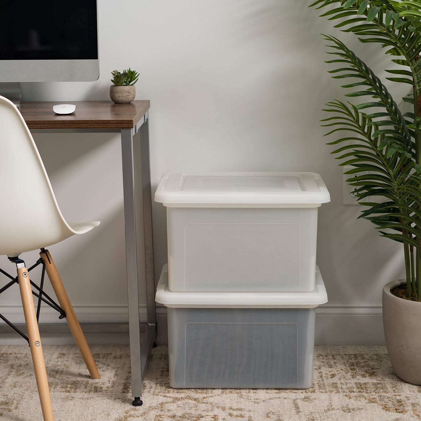 IRIS USA 35 Qt File Box with Lid, File Storage Box for Letter Size Documents, Portable Plastic File Box, Stackable Nestable Organizer, 4 Pack, Pearl