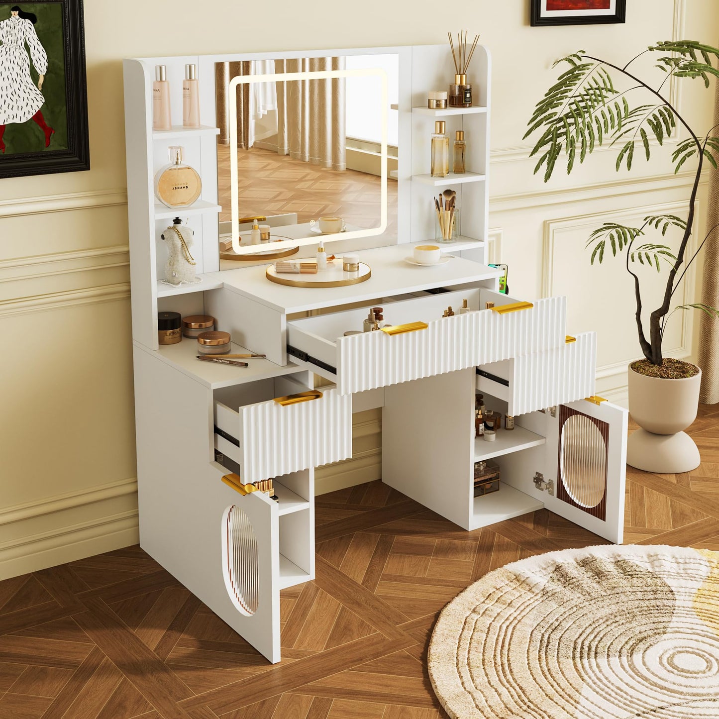 Mojztezy White Vanity, 3 LED Light Modes, 6 Shelves, 3 Drawers, 2 Adjustable Shelves Cabinets, with Mirror & Power Outlets Hair Tool Holder, Dormitory Apartment Bedroom Dressing Table
