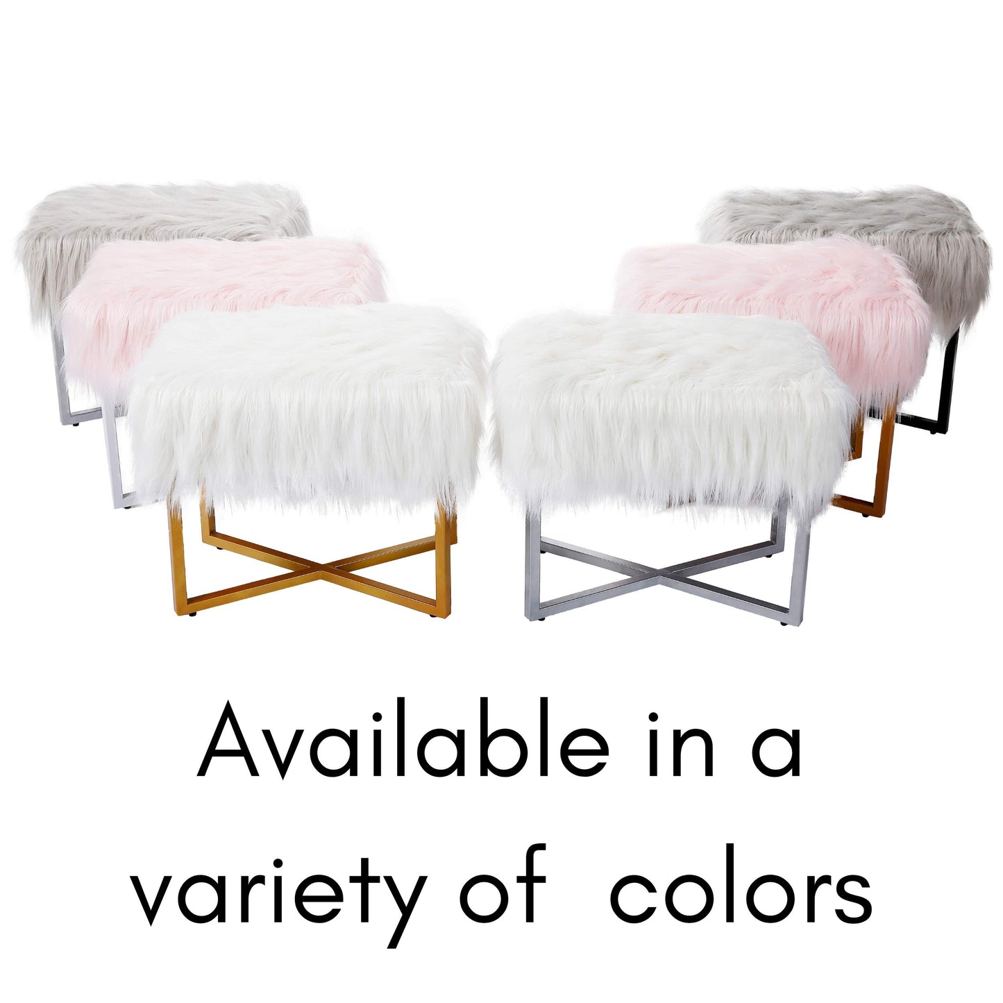 BIRDROCK HOME Rectangular Faux Fur Vanity Foot Stool Ottoman with Metal Legs - Small Soft Padded and Fluffy Makeup Seat or Foot Rest for Bedroom, Desk, or Dressing Table (Gray and Black)