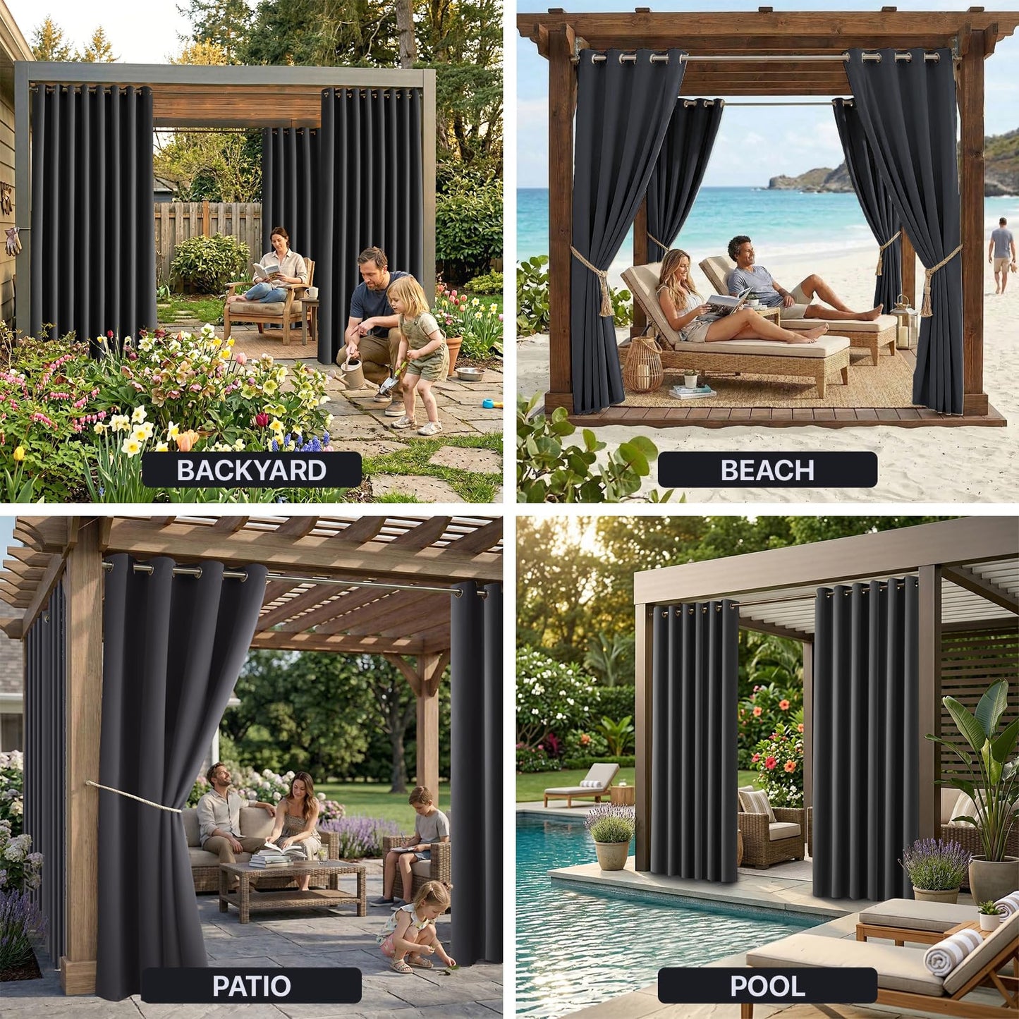 DIVA EN CAMINO DEC Outdoor Patio Curtain Waterproof Darkening Thermal Insulated Indoor Curtains for Bedroom, Porch, Living Room, Pergola, Cabana, W84 x L95, Dark Gray, Set of 2 Panels