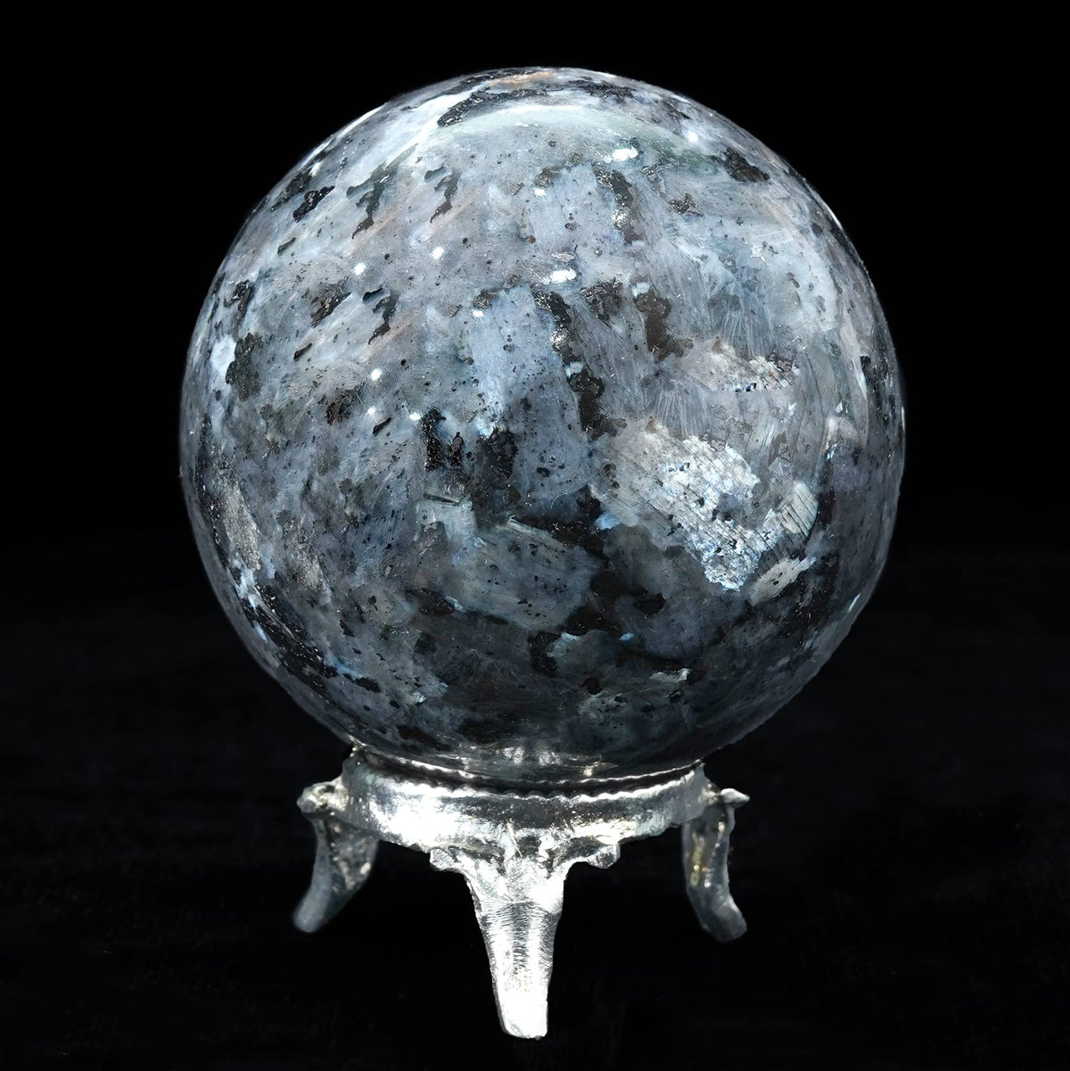 Crocon 50mm Larvikite Stone Sphere Ball with Metal Stand 1400+ Carats Gemstone Ball Healing Sphere Sculpture Figurine for Fengshui Divination Home Decoration Photography Crystal Sphere