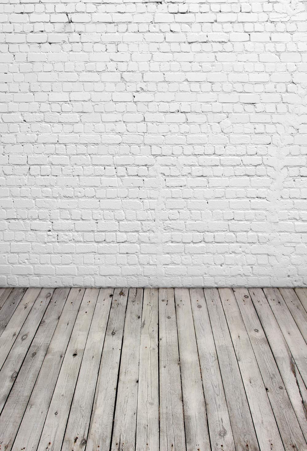 HUAYI 5X7ft White Brick Wall with Gray Wooden Floor Photography Vinyl Backdrop D-2504