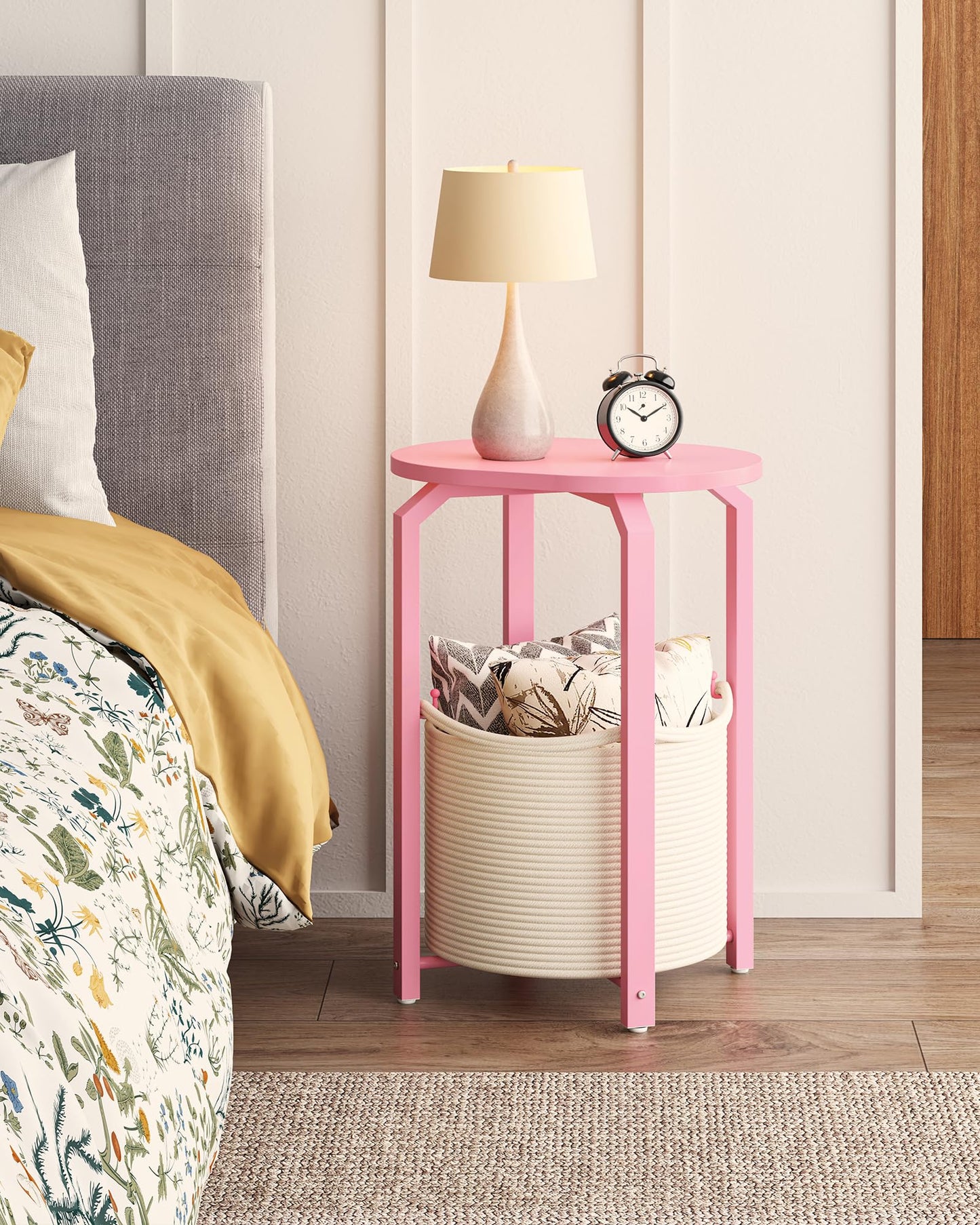 TUTOTAK Set of 2 Oval End Tables with Woven Storage Baskets, Pink Small Side Tables for Living Room, Bedroom, Pink TB01BP0932