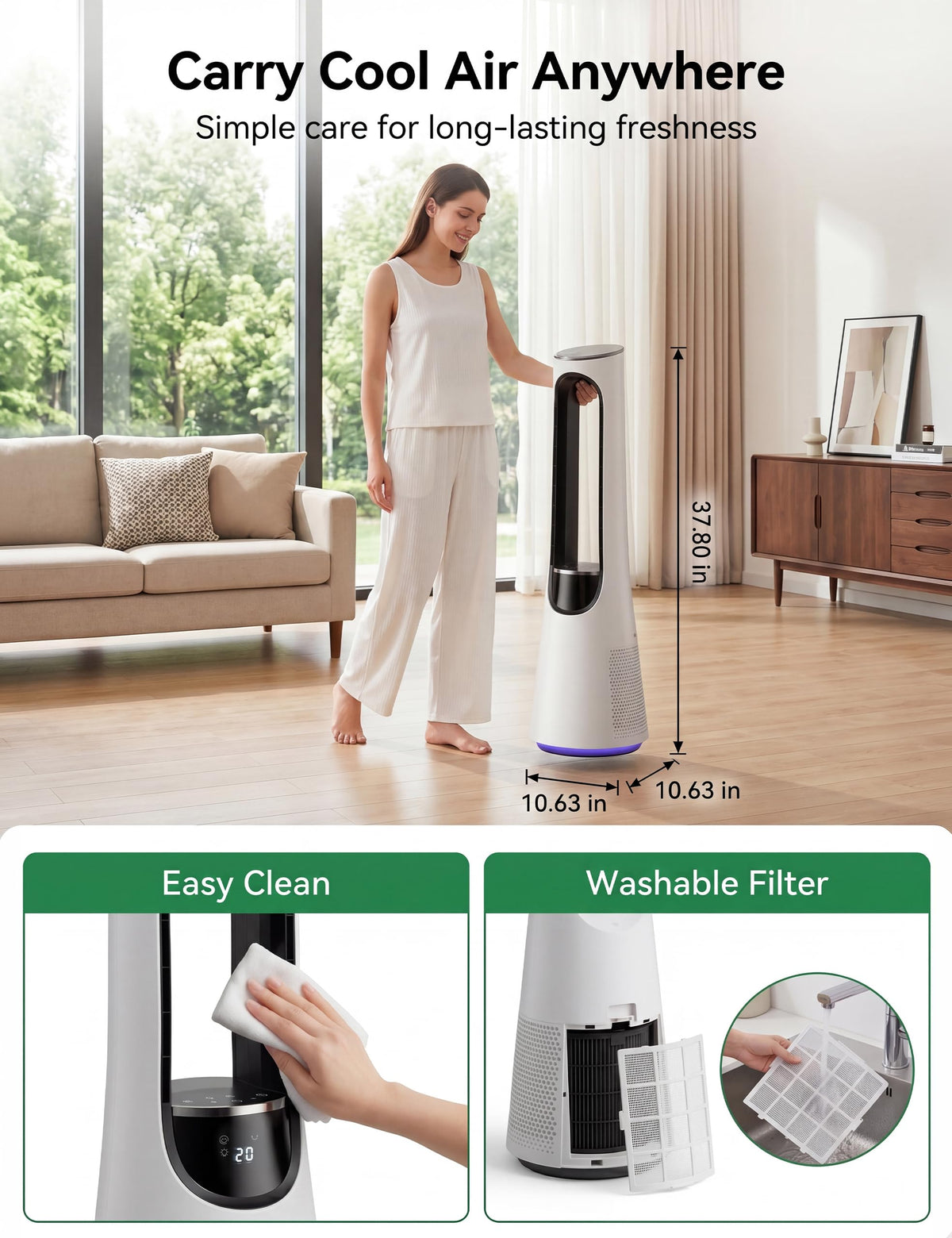 MEPTY 38" Bladeless Tower Fan for Bedroom,Standing Fan with 5-Color LED,120°Adjustable Oscillating,20 Speeds & 4 Modes,Quiet DC Motor,Cooling Fan for Home Office Use