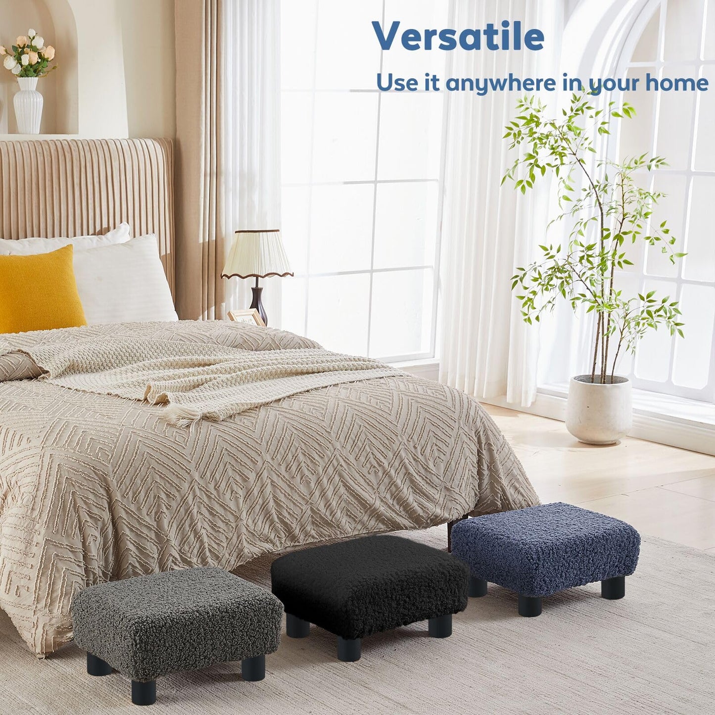 BRIAN & DANY Small Foot Stool Ottoman, Footstool with Legs, Sherpa Foot Rest for Couch, Foot Stools Small for Living Room, Bedroom and Office, Black
