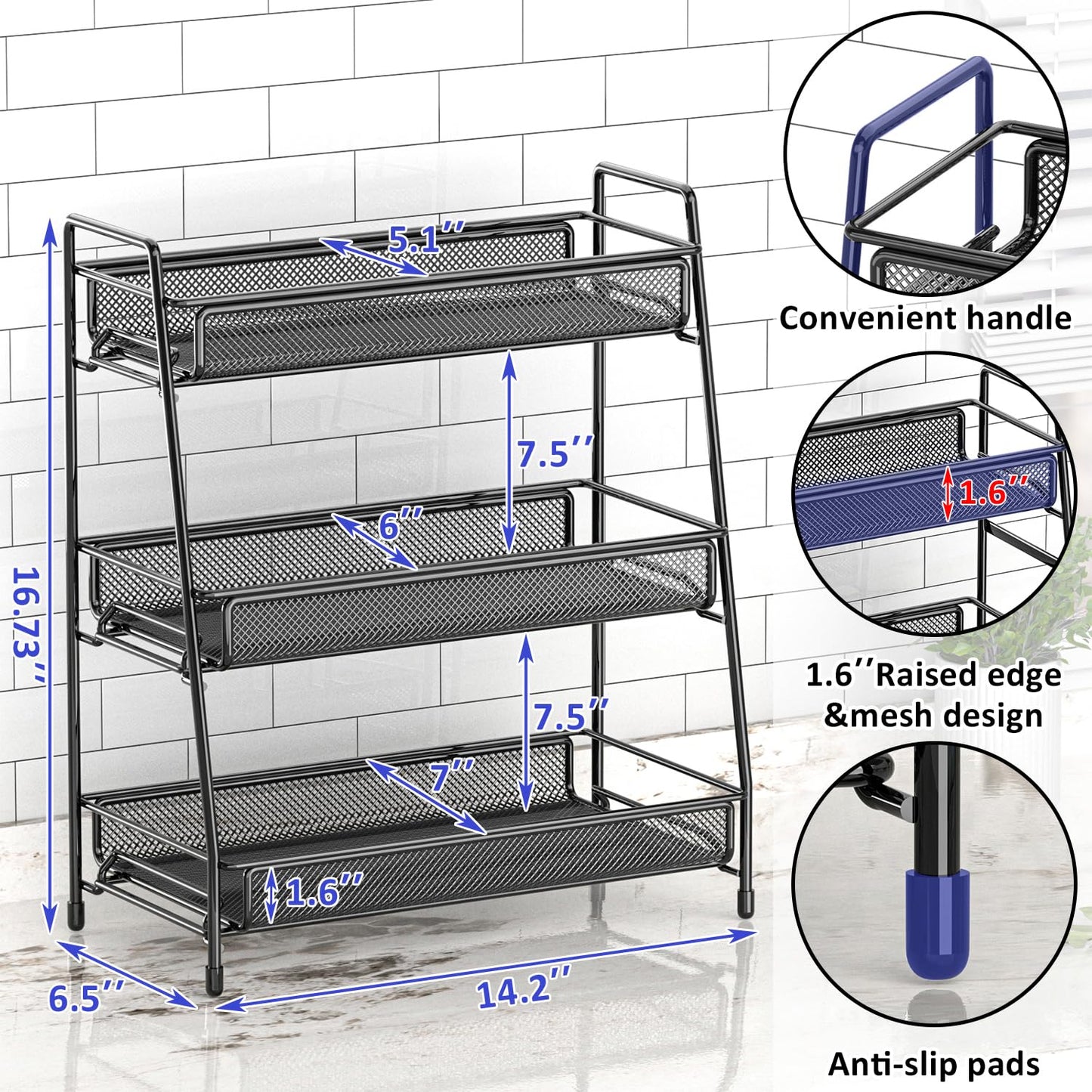 EKNITEY Bathroom Countertop Organizer Rack - 3 Tier Counter Spice Rack Metal Makeup Rack Small Perfume Vanity Organizer for Sink/Bedroom/Living room/Kitchen/Office