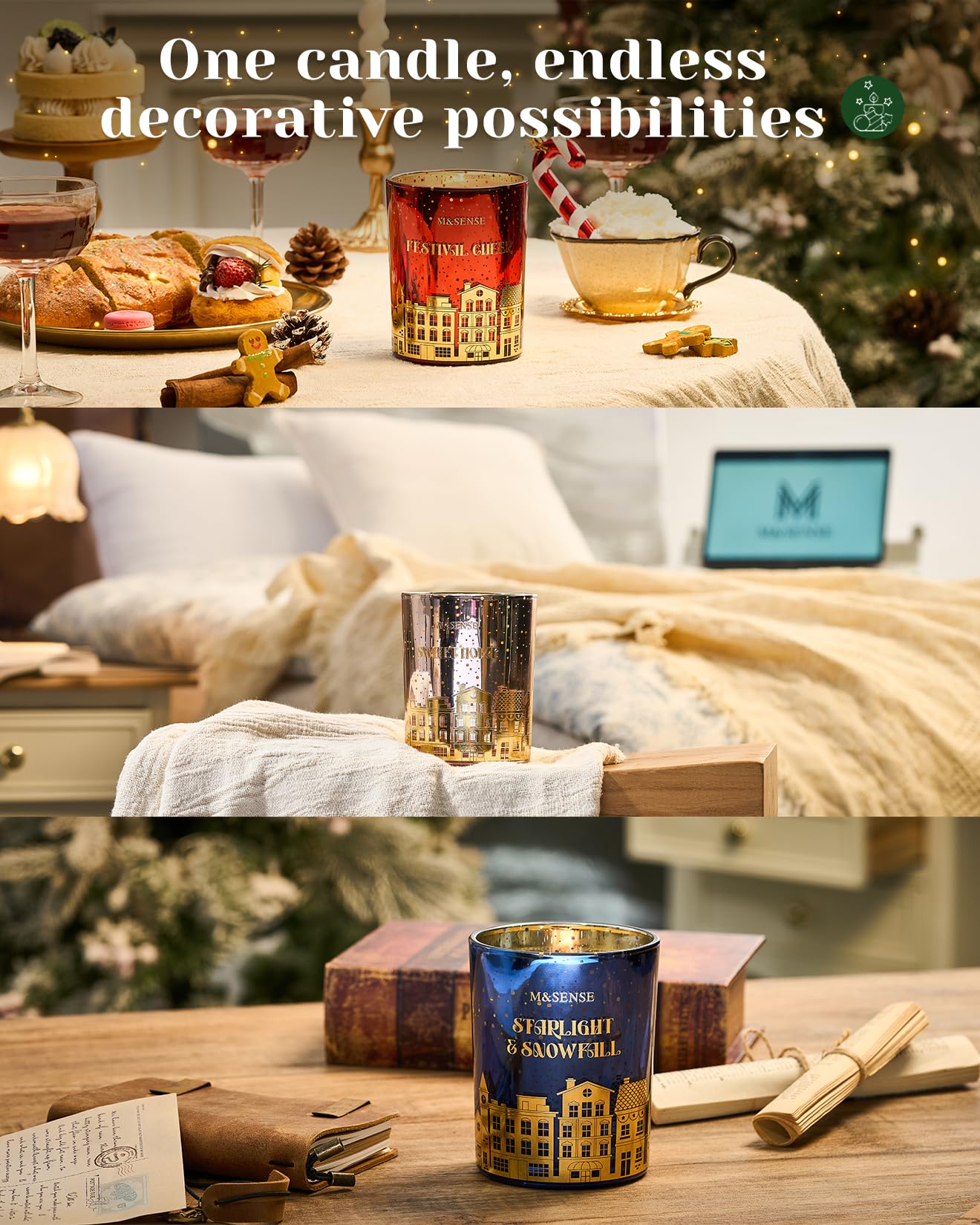M&SENSE Sweet Home Holiday Candles Cinnamon Apple Scented, 18oz 100 Hours Large Christmas Candle Soy Wax Cracking Wooden Wick, Aromatherapy Gifts for Housewarming Bedroom, Warm Cozy Winter Decor