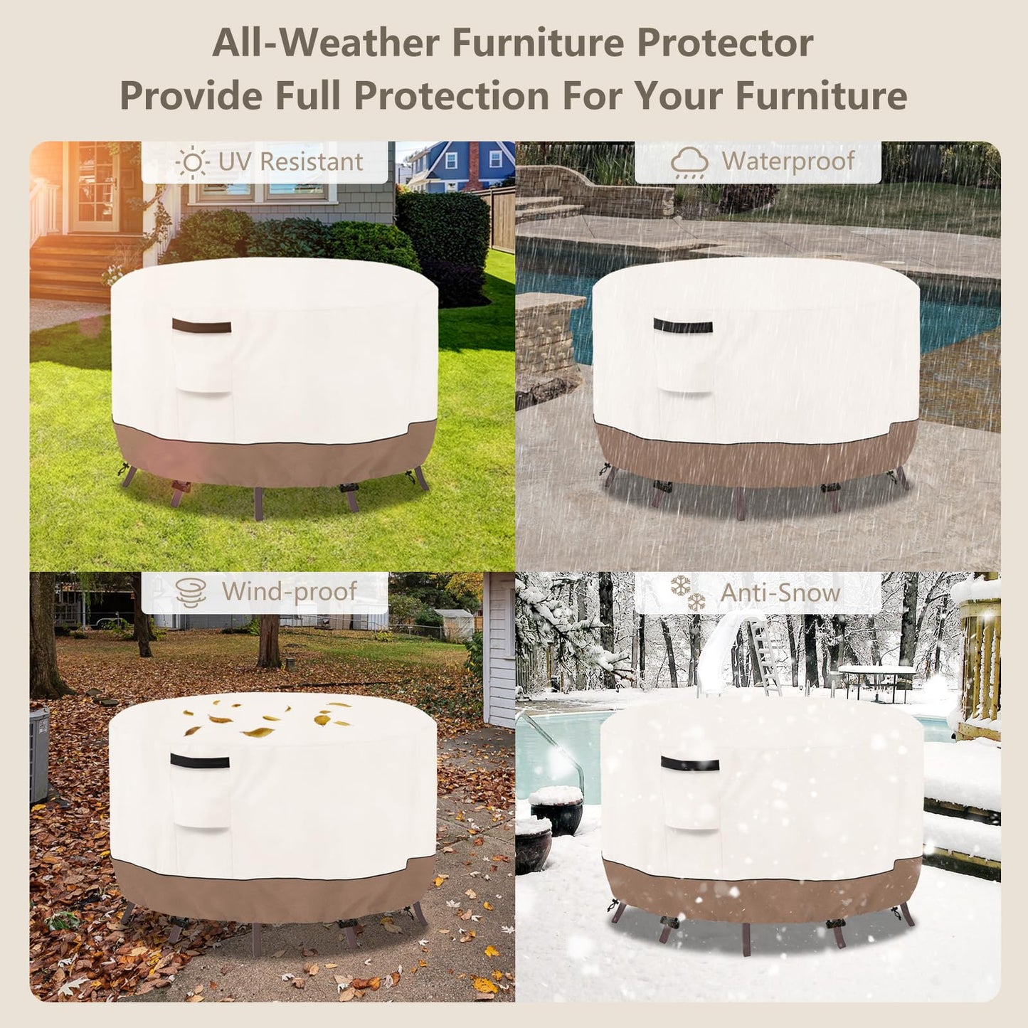 SoloToo Round Outdoor Table Cover Waterproof Heavy Duty Patio Furniture Covers, Round Patio Table Chair Set Covers - 42" Dia x 28" H (Beige & Brown)