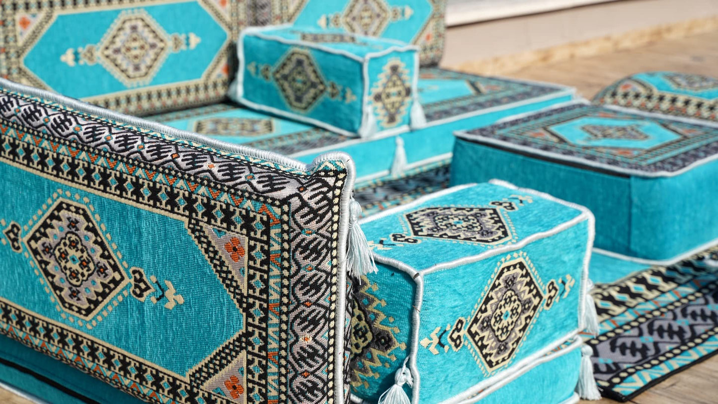 L Shaped Arabic Floor Cushions, Sectional Sofas, Arabic Majlis Set, Custom Made Sofa, Arabic Sofa Set, Seating Cushions (4'' Thickness Sofa, L Sofa Full Set, Turquoise)
