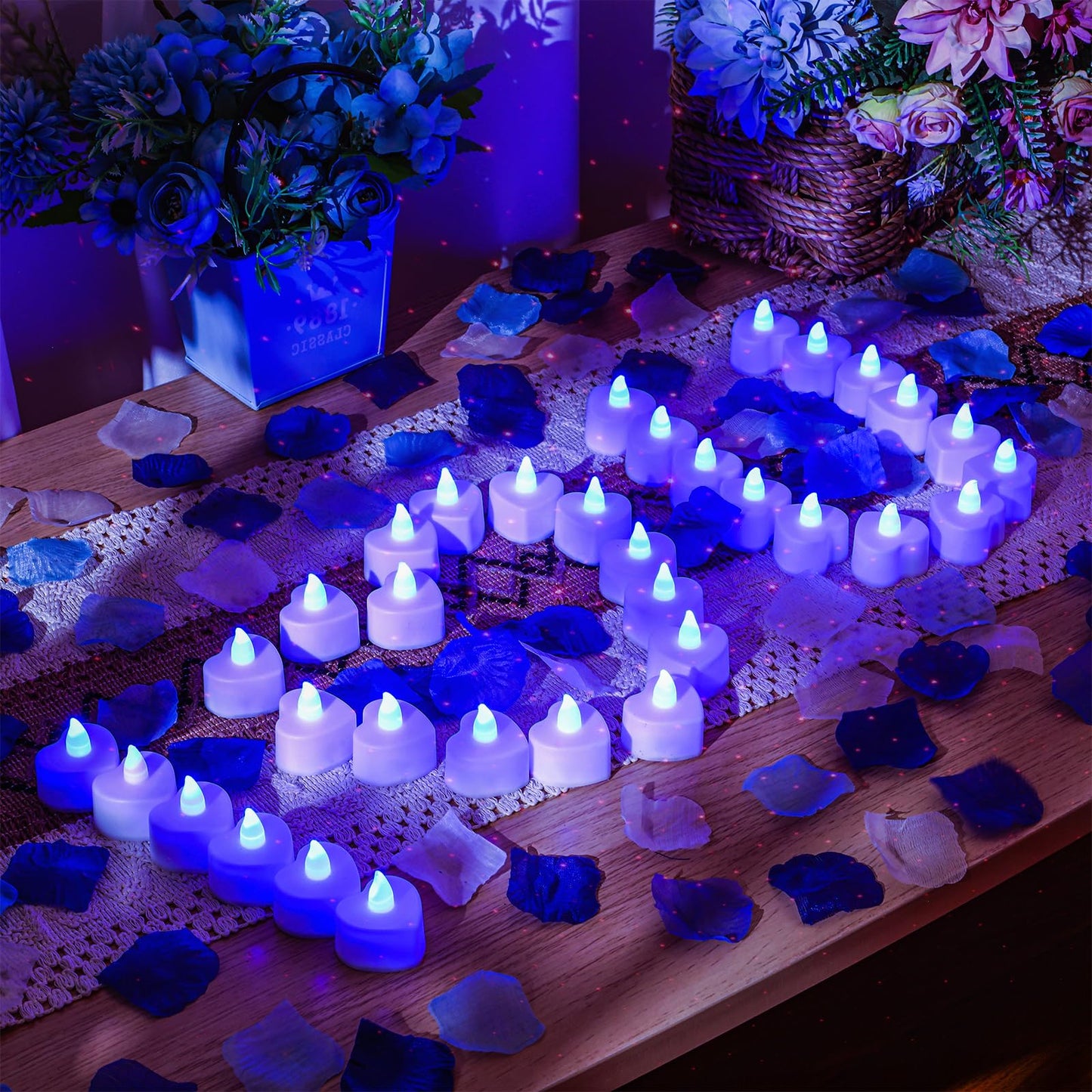 Honoson 1000 Pieces Artificial Rose Petals with 24 Pcs Flameless Heart Shaped LED Tealights Candles Special Romantic Night Decorations for Proposal Wedding Anniversary Table Decor(White with Blue)