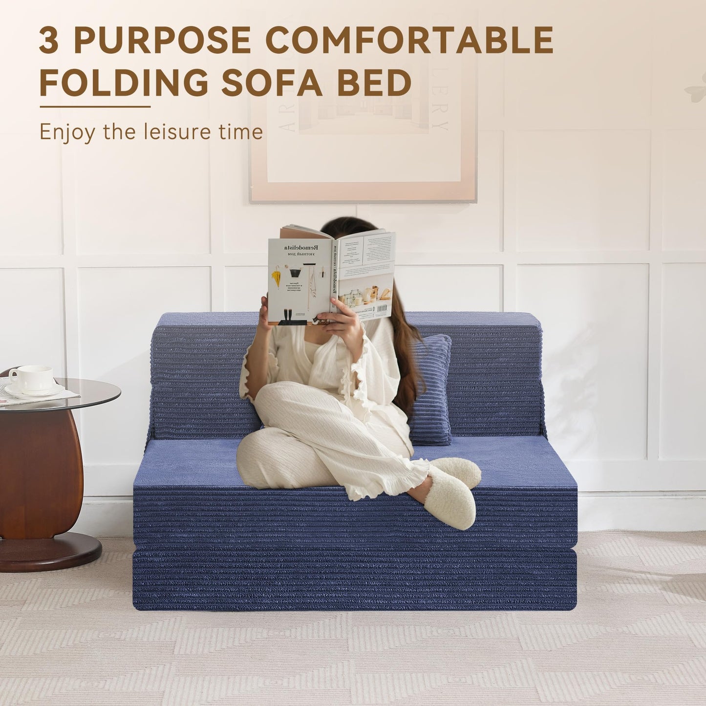 WUTUTUEE Folding Sofa Bed Convertible Floor Couch Foldable Chair Bed with Pillow,Linen Sleeper Chair Futon,Foldable Memory Foam Mattress for Bedroom/Living Room/Dorm/Office (Corduroy Navy, Standard)
