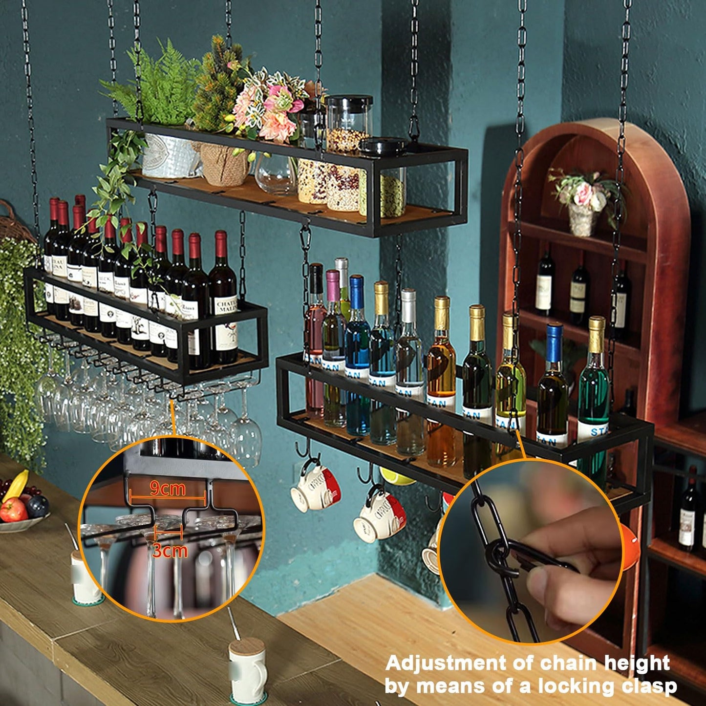 60cm -140cm Wine Rack with Glass Holder,Adjustable Industrial Wine Rack Shelf for Wall,Hanging Wine Glass Rack Holder for Bar, Cafe, Kitchen, Metal Iron Wine Shelf Ceiling Mounted (Size : 1 ()