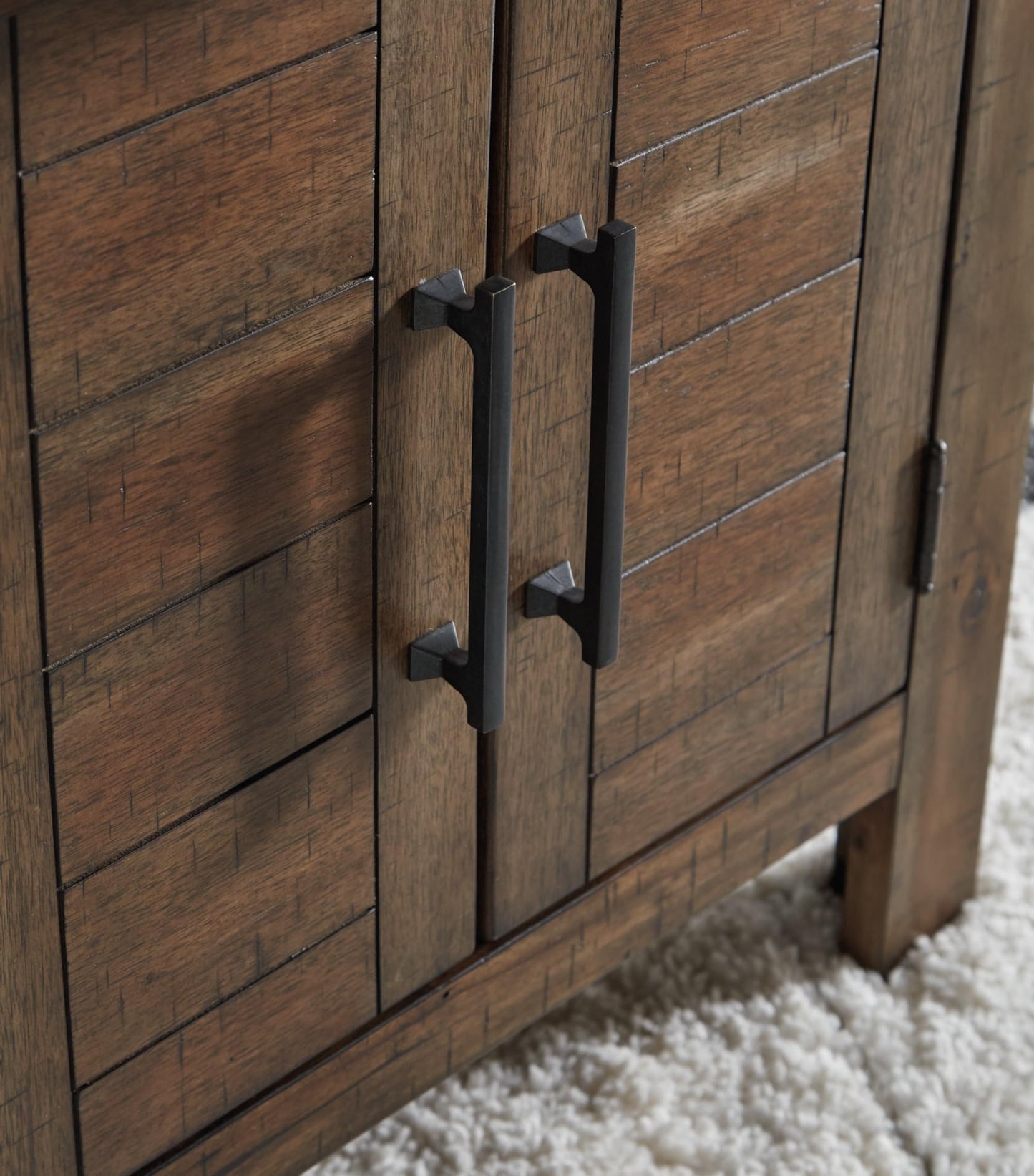 Signature Design by Ashley Moriville Rustic Farmhouse Rectangular End Table with Dual Cabinet Doors, Antique Bronze-Tone Hardware, Wood, 25" High, Brown