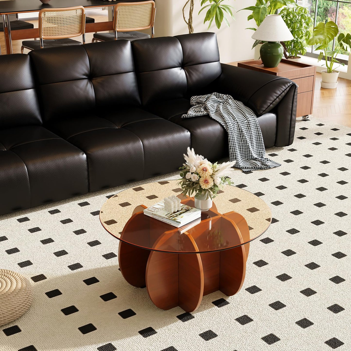 JCAJCA Coffee Table for Living Room Mid Century Modern Round Center Table with Glass Top and Wood, Walnut Brown