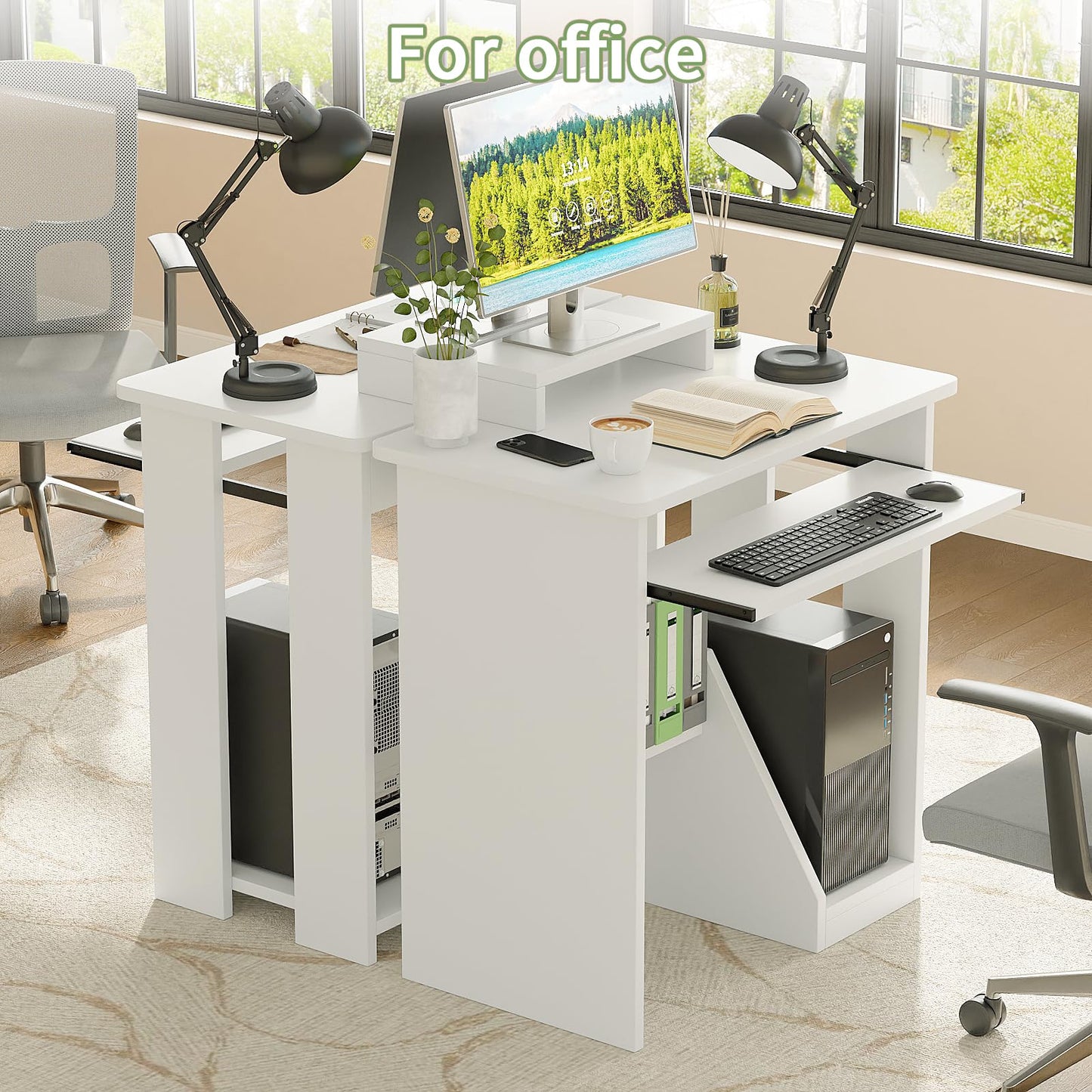 ALISENED Computer Desk, 30 Inch Compact Desk with Keyboard Tray & Monitor Stand for Space-Saving, Ergonomic Study Desk with Storage Shelves for Writing, Gaming, Working, White