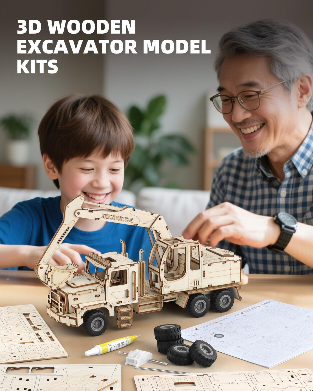 MOCBURIKU 3D Wooden Puzzle for Adults, Excavator Wooden Mechanical Model Car Kits to Build, Brain Teaser Pull Back Truck Toys Birthday for Men Women (Excavator)