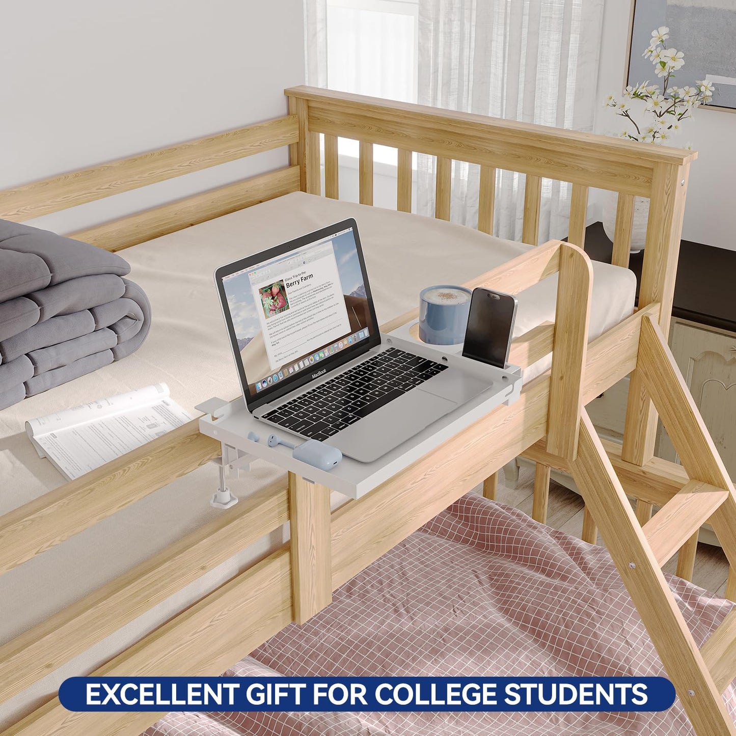 AmzAge Metal Bedside Shelf Table Tray with Cup Holder, Foldable Bed Side Table for Bunk Bed & Top Bunk, College Dorm Room Essentials for Guys & Girls, Clip-on Laptop Nightstand for IKEA Beds, White