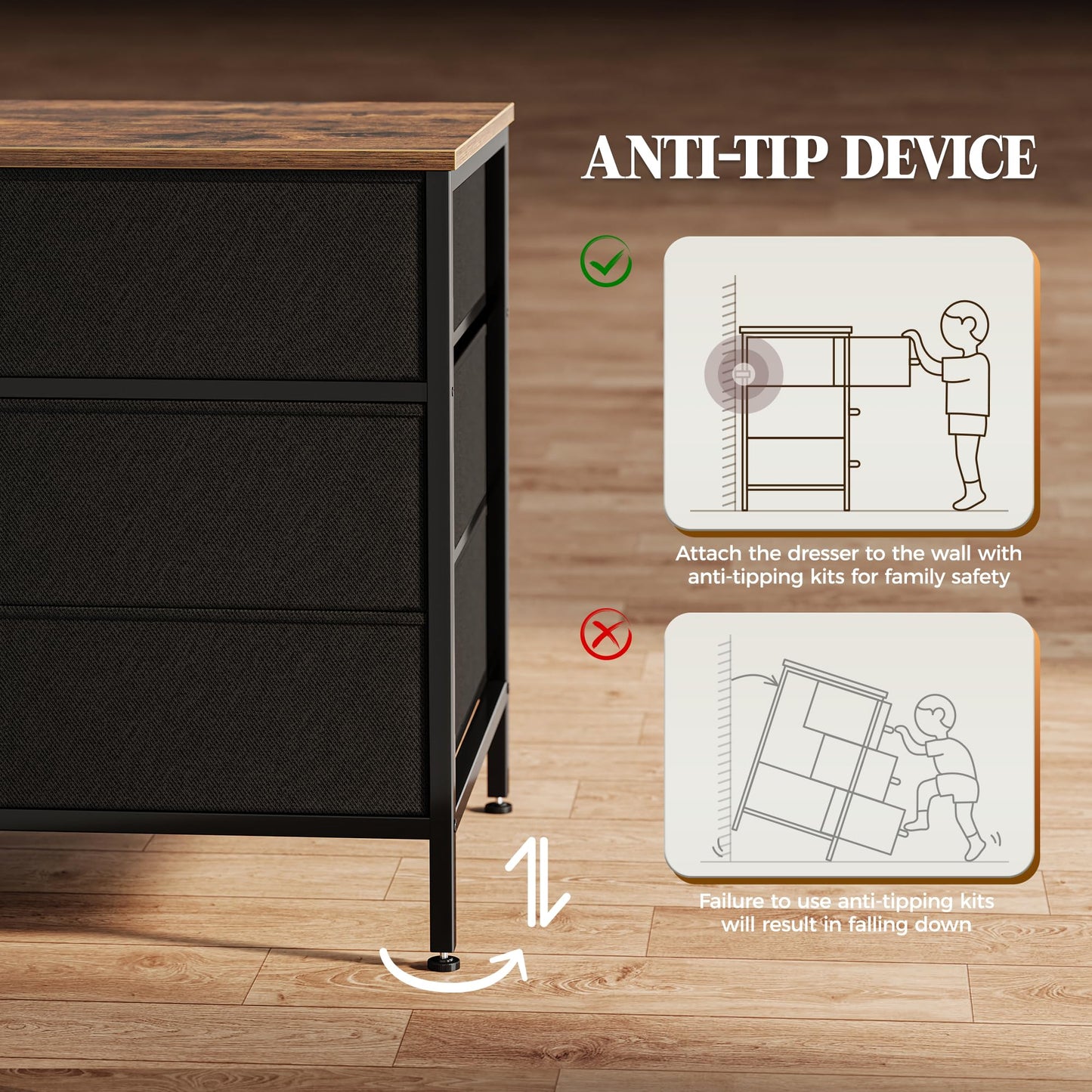 Huuger 63 Inch Dresser for Bedroom, Long Dresser with 10 Fabric Drawers, TV Stand for 55, 65, 70 Inch TV, Toy Storage Organizer for Closet, Rustic Brown and Black