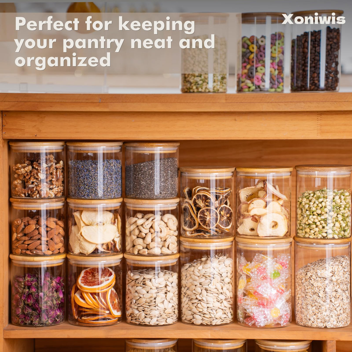 Xoniwis 6-Pack 0.8Qt Round Glass Storage Jars with Bamboo Lids