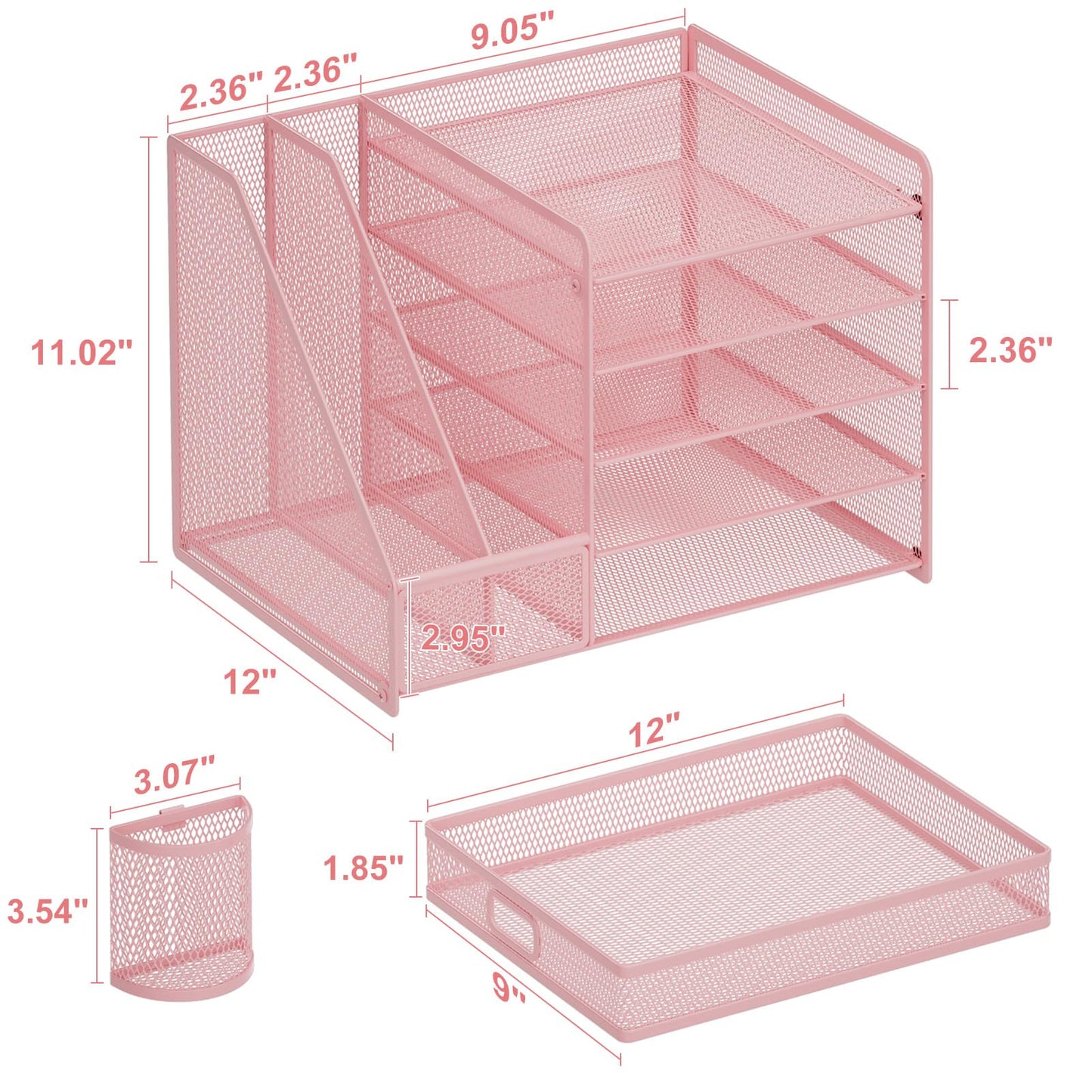 Marbrasse Desk Organizer with File Holder, 5-Tier Paper Letter Tray Organizer with Drawer and 2 Pen Holder, Mesh Desktop Organizer and Storage with Magazine Holder for Office Supplies(Pink)