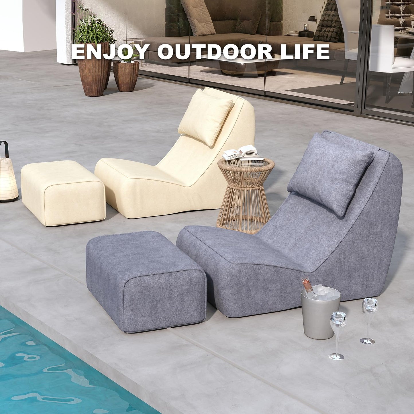Giant Bean Bag Chair for Adults - Indoor Chaise Lounge with Neck Pillow & Ottoman, All-in-One Sponge Design, Comfy Floor Chair for Reading, Gaming, Napping, and Movies (SlateGray)