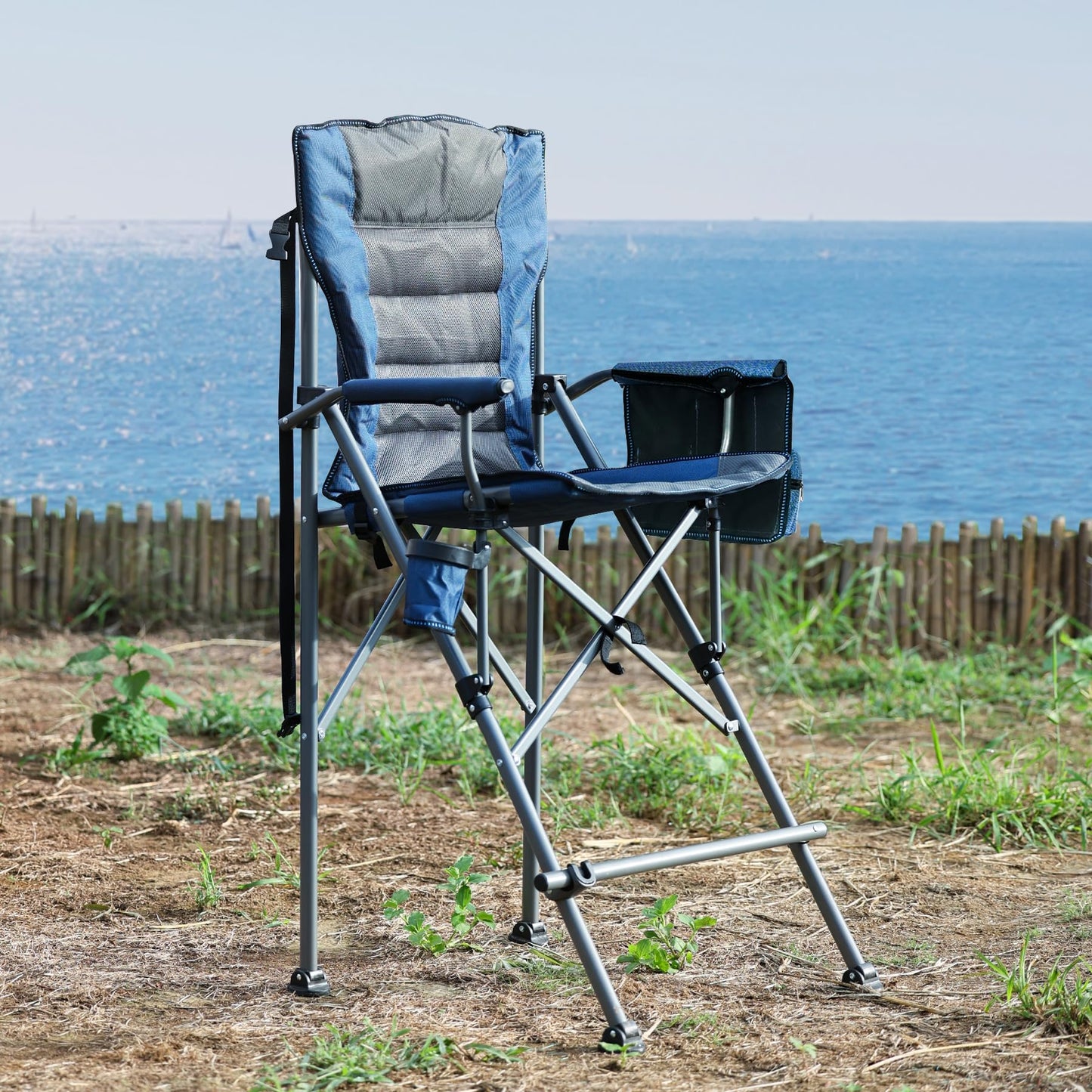 Stonehomy Extra Tall Folding Chairs for Adults 2 Pack, Portable Bar Height Foldable Director Chairs for Camping Outside, Comfortable with Makeup PocketHigh Back and Footrest, Blue and Black